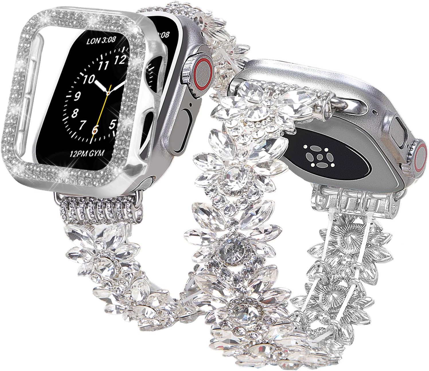 Bling Band and Case Compatible with Apple Watch Ultra 2/Ultra Band 49mm 45mm 44mm 42mm 41mm 40mm 38mm, Women Dressy Diamond Link Bracelet with Rhinestone Bumper Cover for iWatch SE 2/SE Series 9/8/7/6/5/4/3/2/1