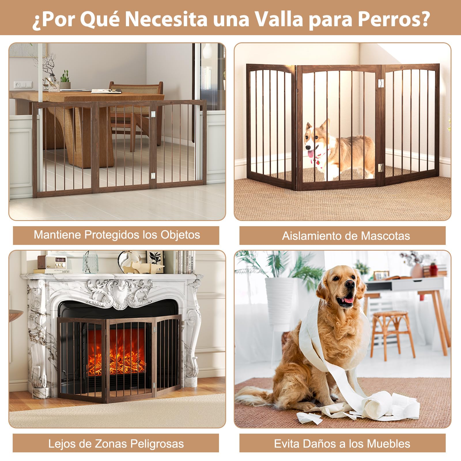 COSTWAY Barra para Perros Plegables, Barrera de Seguridad para Interiores, Separador de Habitaciones de 3 Paneles Plegable y Autoportante para Mascotas Pequeños y Medianos (Marrón)