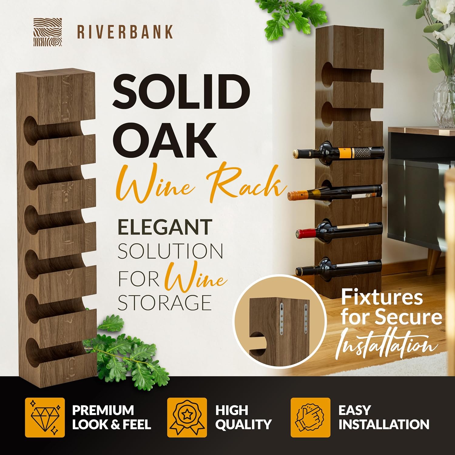 Riverbank Dark Oak Wine Rack, Elegant 6-Bottle Holder, Made of Solid Wood, Wall Mounted Wooden Wine Stand, Stylish & Luxurious Home Décor (Dark Oak, 6-Bottles)