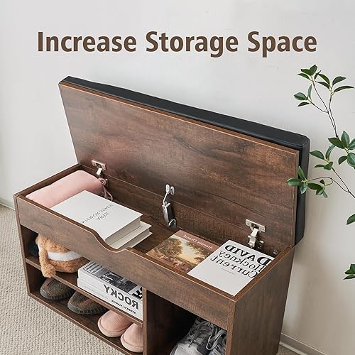 Miniatura 24 de Apicizon Banco de almacenamiento de 31 pulgadas, banco de zapatos con espacio de almacenamiento abatible y cojín acolchado, banco de entrada de