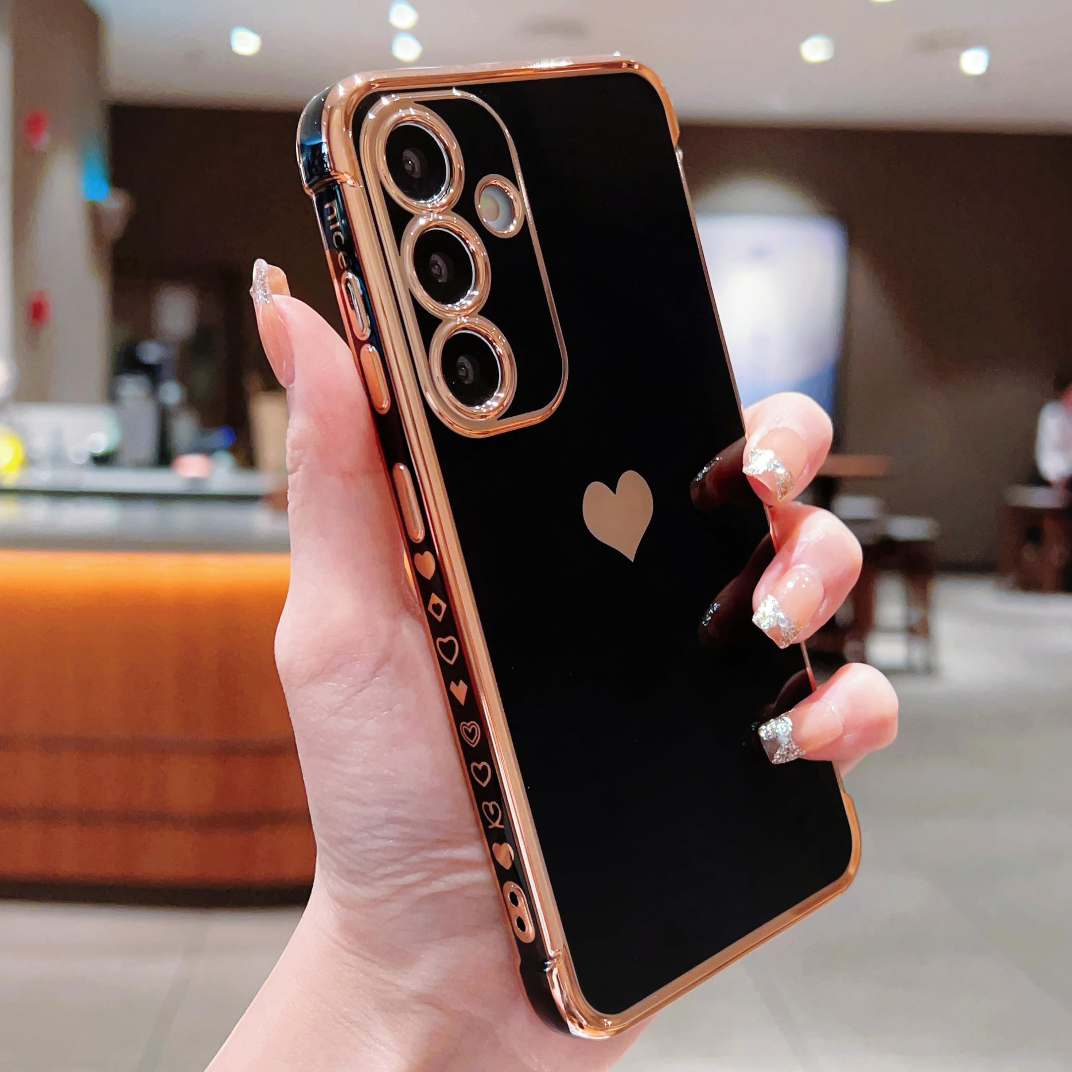 Compatible with Samsung Galaxy S24 Case,Love Heart Pattern Electroplated Design Soft TPU Shockproof Protective Phone Case Full Camera Lens Protection Cover for Samsung Galaxy S24-Black