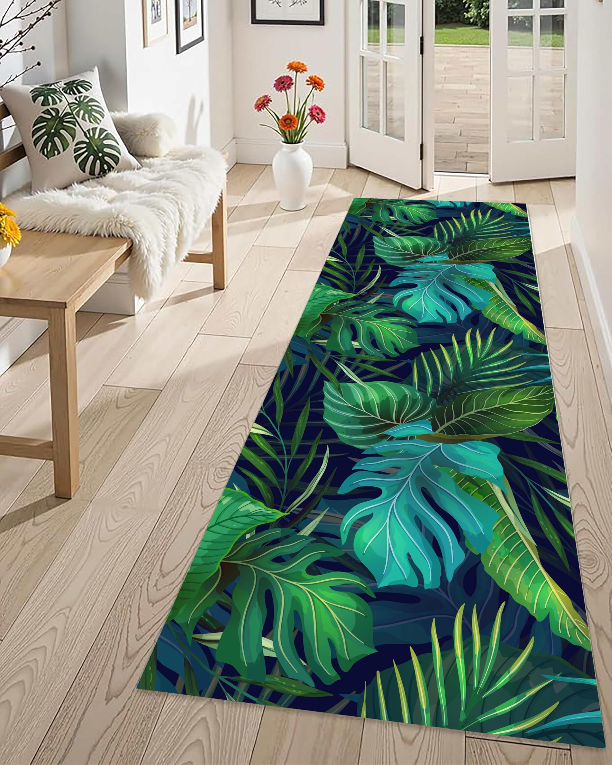 Leaf Washable Rug Runner,80x150cm, Summer Fresh Palm Leaves Tropical Green Blue Entrance Rugs Kitchen Carpet Runner, Non-Slip Monstera Plant Non-Shedding Accent Mat for Hallway Bedroom Closet โ image 1