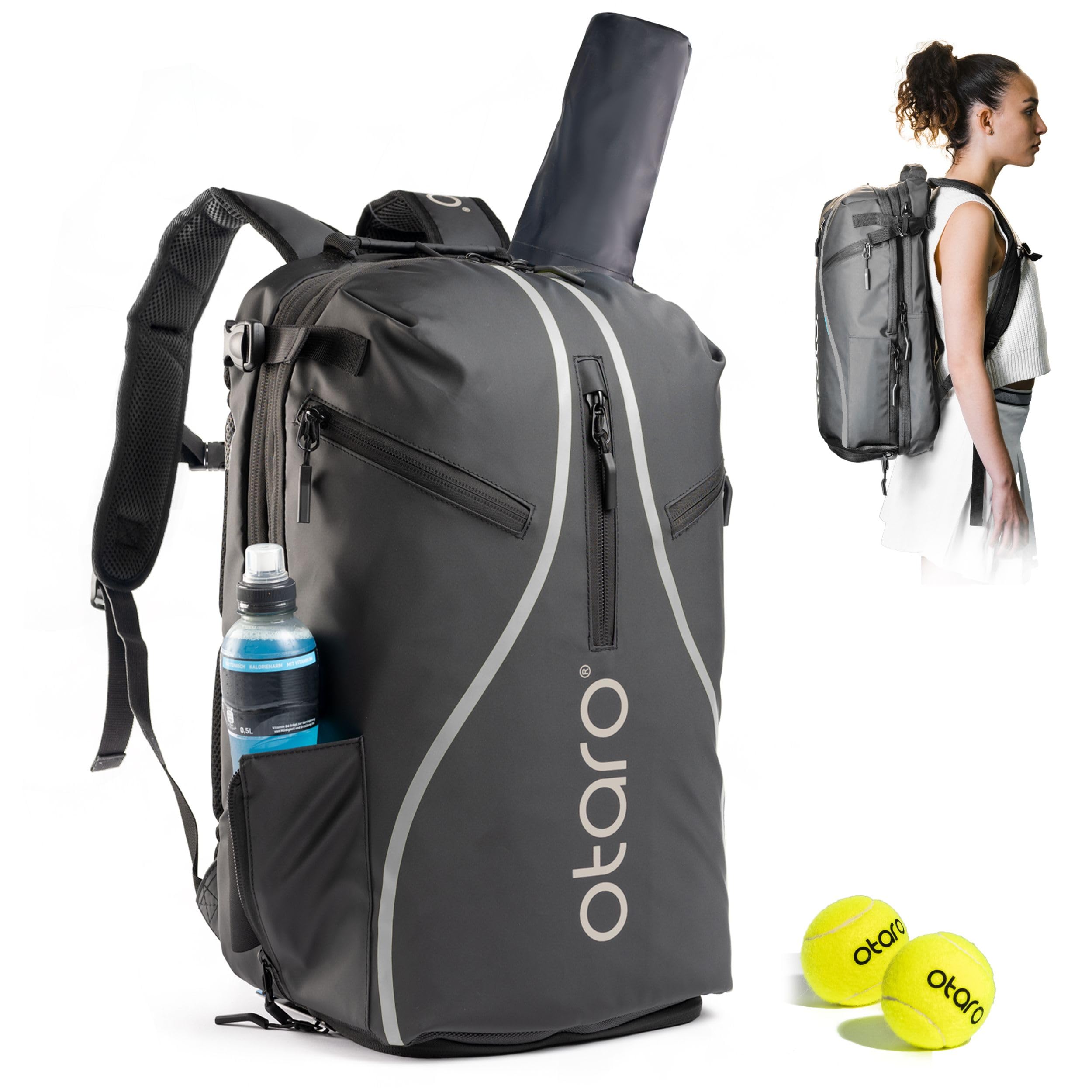 Otaro Tennisrucksack mit Schuhfach, Laptop- & Thermofach für 2 Schläger | 42 L | Tennistasche Herren | Getränk- & Ballfach | Tennistasche Damen inkl. Regenschutz & Wäschesack