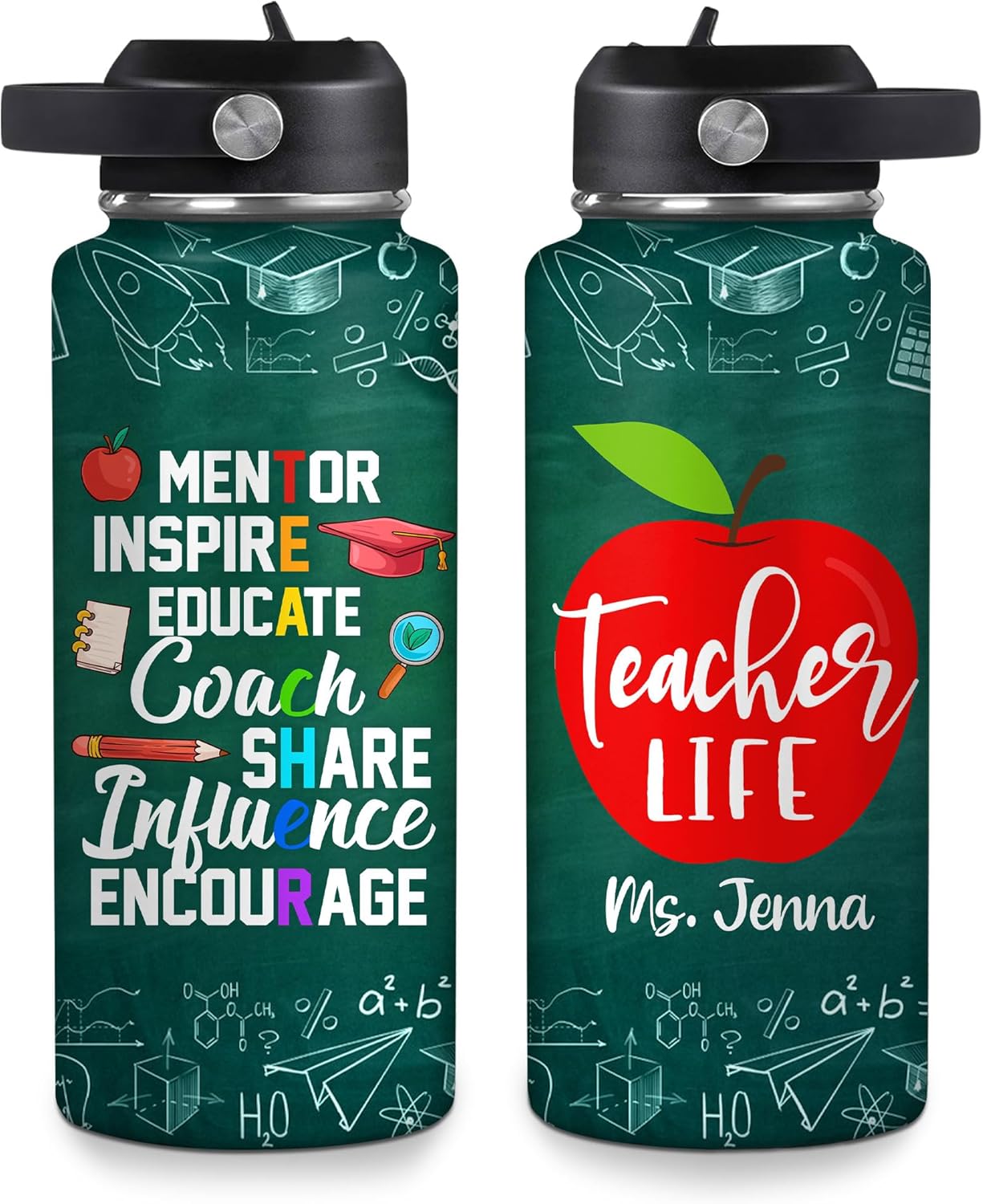 Hyturtle Personalized Teacher Water Bottle - Custom Name Insulated Stainless Steel Bottle with LeakProof Lid 18oz 32oz - Teacher Appreciation Gift from Students for Birthday Back to School End of Year