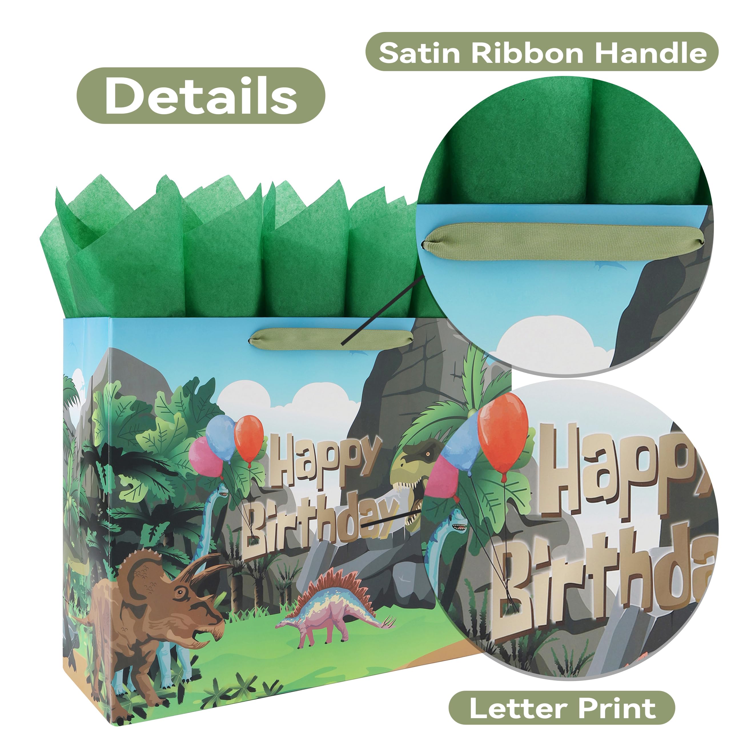 16.5'' Extra Large Dinosaur Birthday Gift Bag Set with Handles, Greeting Card, Black Tissue Papers and Stickers for Boys Kids Teens, Dinosaur Design, 1 Pcs