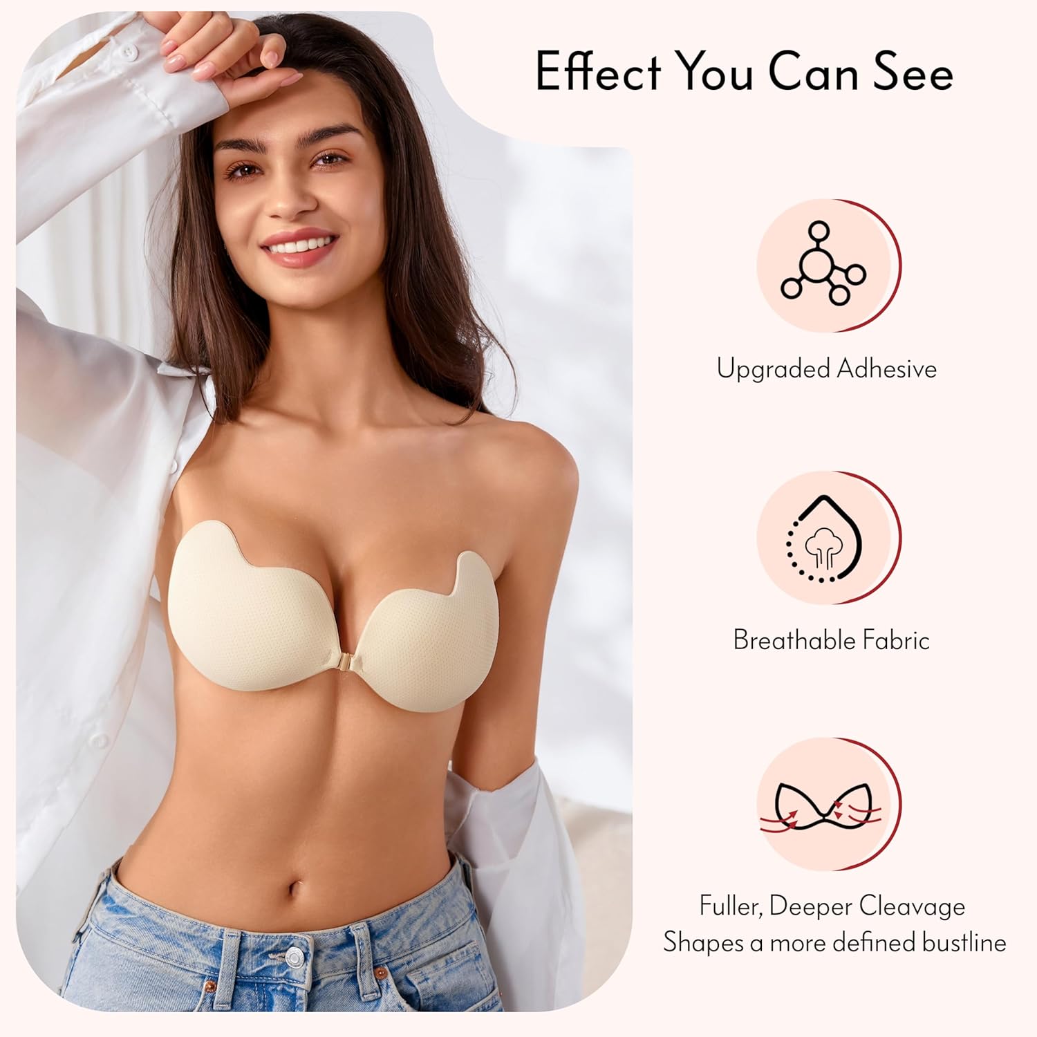 Rosefly Sticky Bra Push up for Women,Strapless Adhesive Bras with Refined Aloe AB Bond & Invisible Seamless Silhouette with Lock in Place,Fabric Cloth Cups for Backless Dress,Cups A-F (Honey) - Image 2