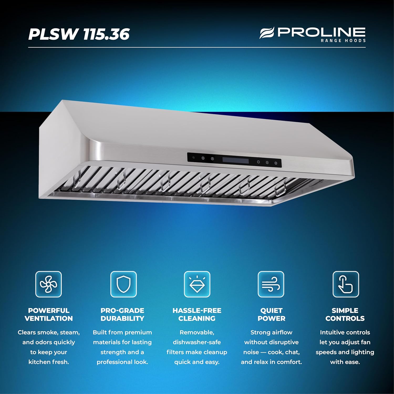 PROLINE 36-Inch Under Cabinet Range Hood, Ducted, 600 CFM, Stainless Steel, LED Lights, Touch Control, Blower Motor, 4 Speed, 3-Year Warranty, PLSW 115.36