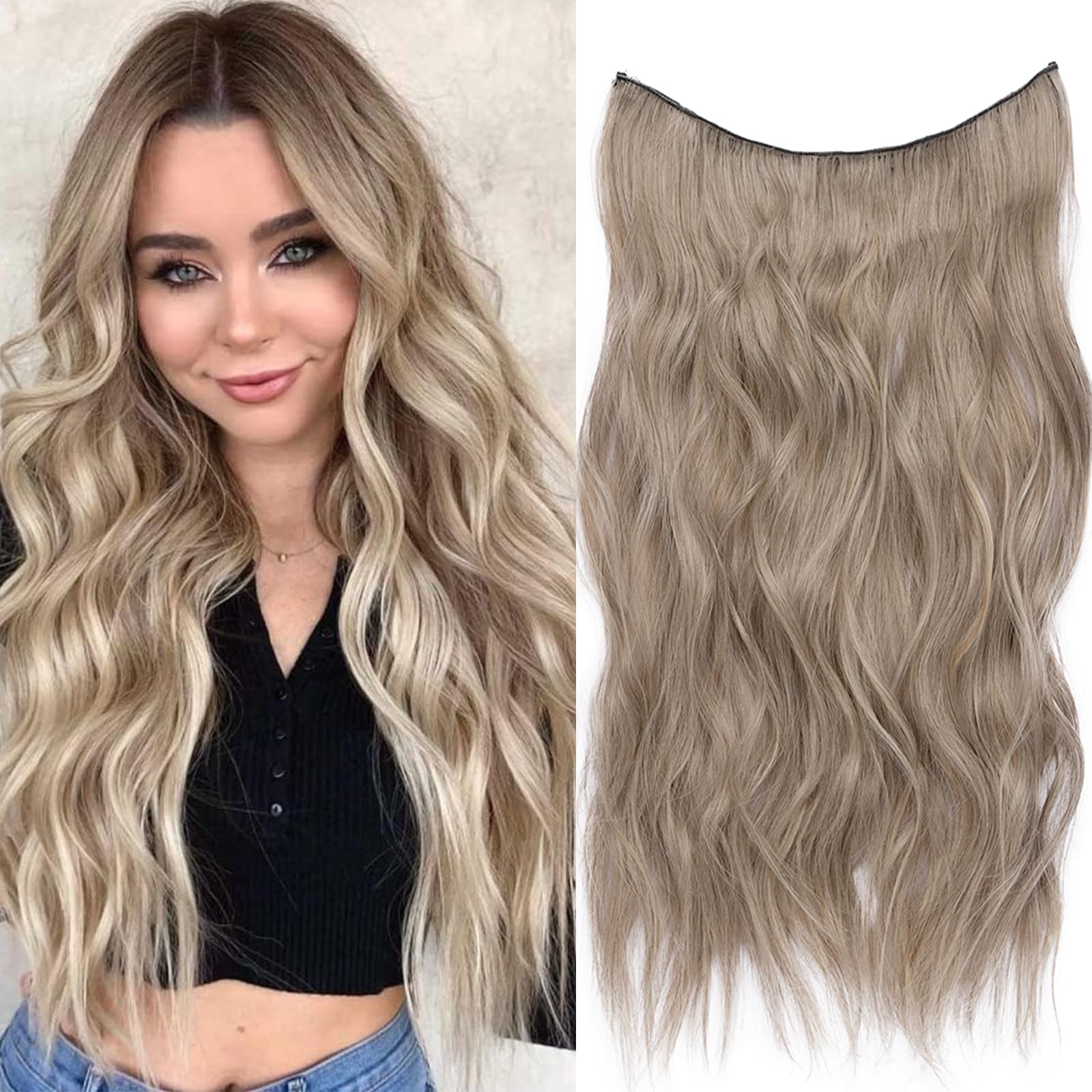XTREND20 Inch Ash Blonde Invisible Wire Hair Extensions with Transparent Wire Adjustable Size 4 Secure Clips Long Wavy Halo Hair Extensions Secret Hairpiece for Women（88H86#）