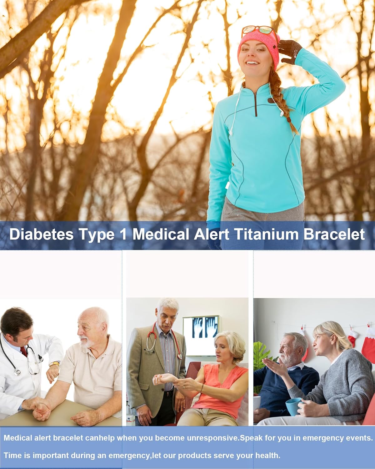 Medical Alert Bracelets For Men, 8.46'' Magnetic Titanium Bracelet With 42 Magnets, Suitable For Type 1 Diabetes, Type 2 Diabetes, Epilepsy