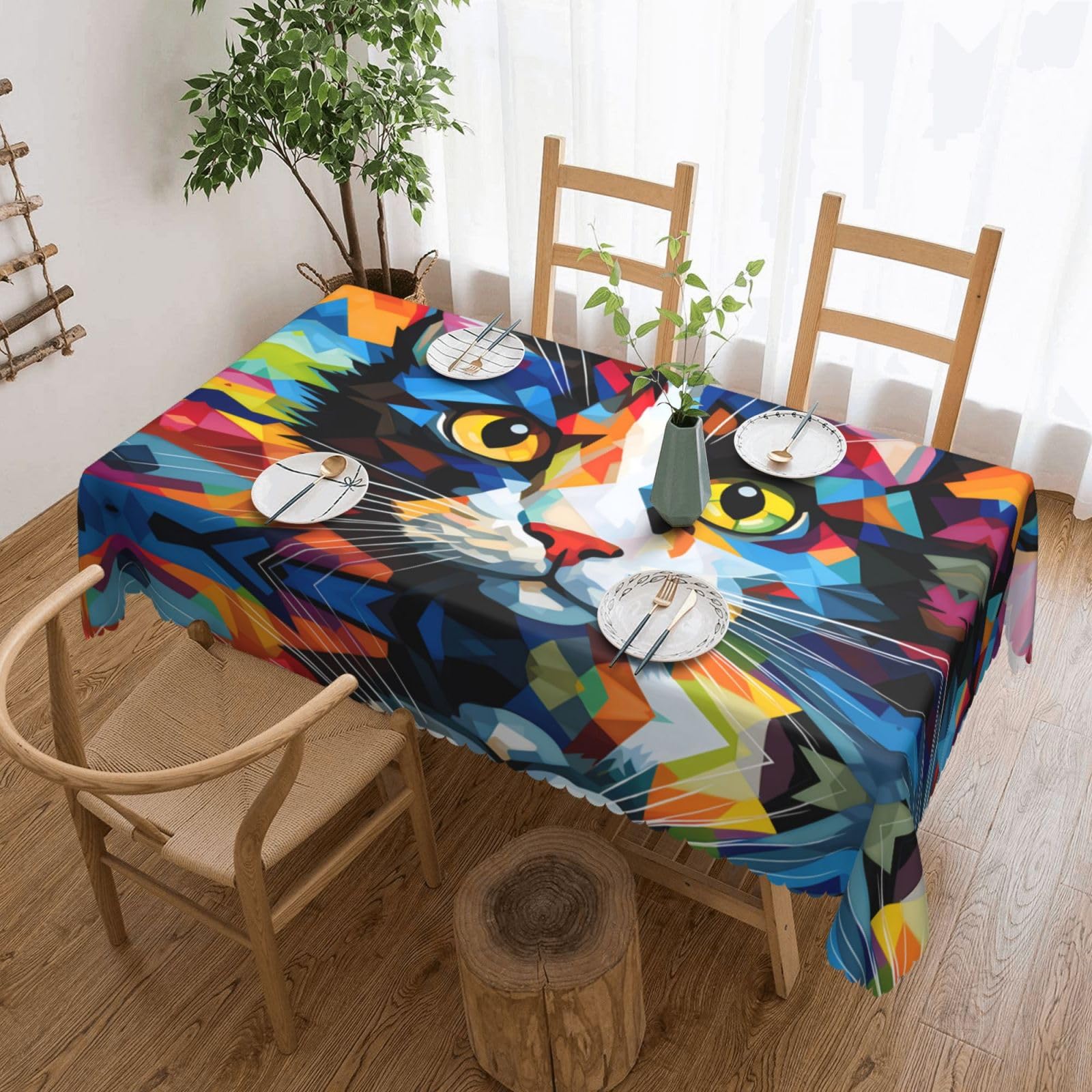 QAZWZML Watercolor of a cat Printed tablecloth, made of thick polyester with lace trim, suitable for dining rooms, picnics, and weddings