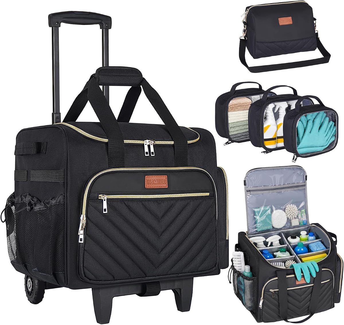 carrito de limpieza con ruedas, 3 bolsas transparentes extraíbles y 1 bolsa de hombro | Carro de limpieza grande con ruedas, organizador de suministros de limpieza resistente al agua con ruedas para cocina, organizador de herramientas