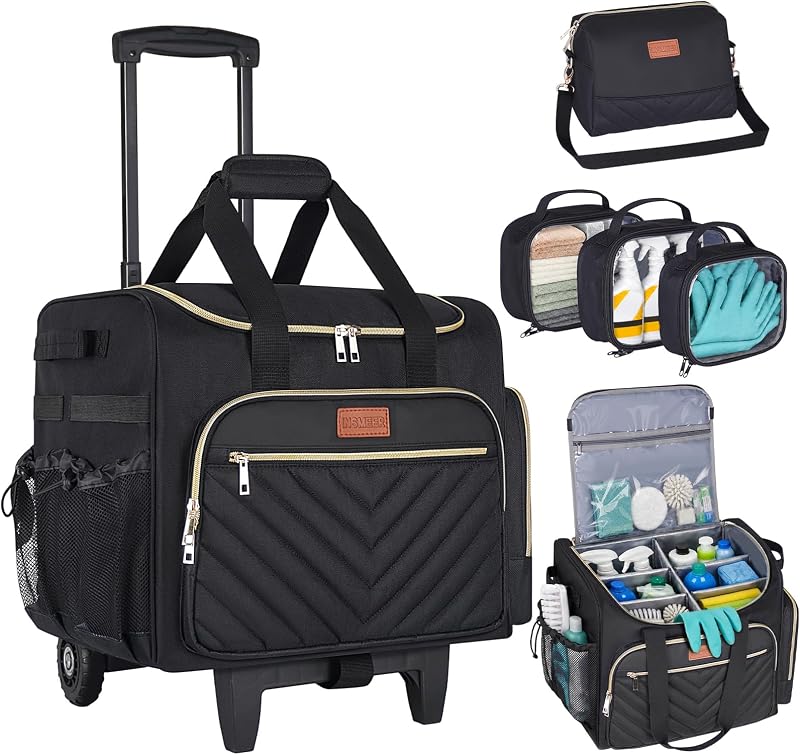 carrito de limpieza con ruedas, 3 bolsas transparentes extraíbles y 1 bolsa de hombro | Carro de limpieza grande con ruedas, organizador de suministros de limpieza resistente al agua con ruedas para cocina, organizador de herramientas