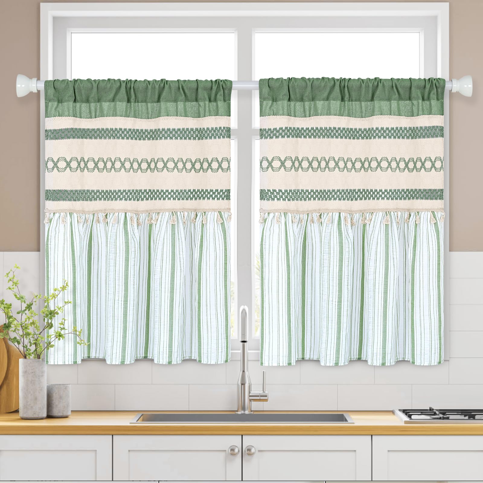 Cortinas de lino para cocina FRAMICS de 36 pulgadas con diseño rústico de ganchillo bohemio