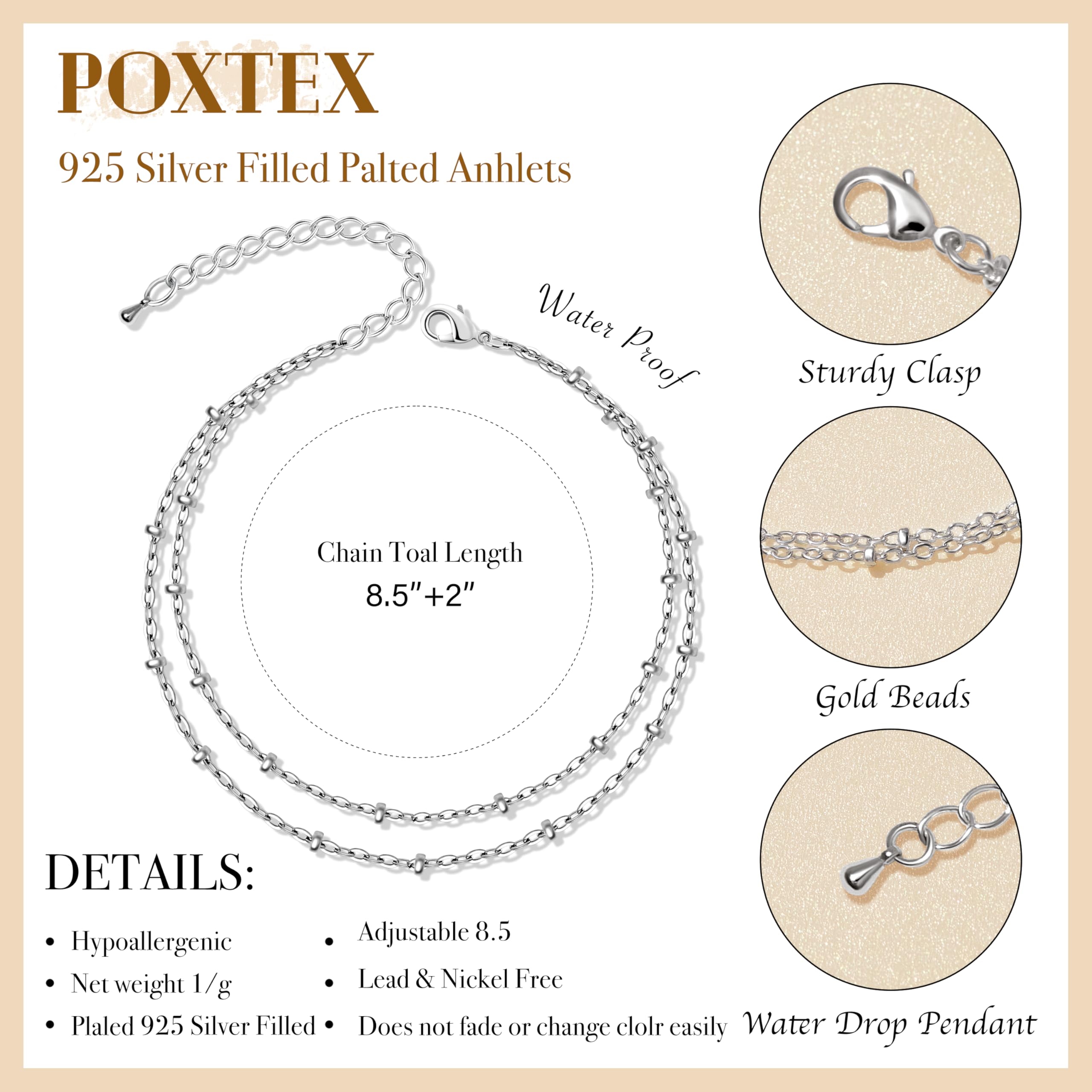 Poxtex Tobilleras de plata de ley para mujer, impermeables, chapadas en plata 925, circonita cúbica y dije de corazón, tobilleras de capa delicada para mujer, modernas, simples, juego de tobilleras de