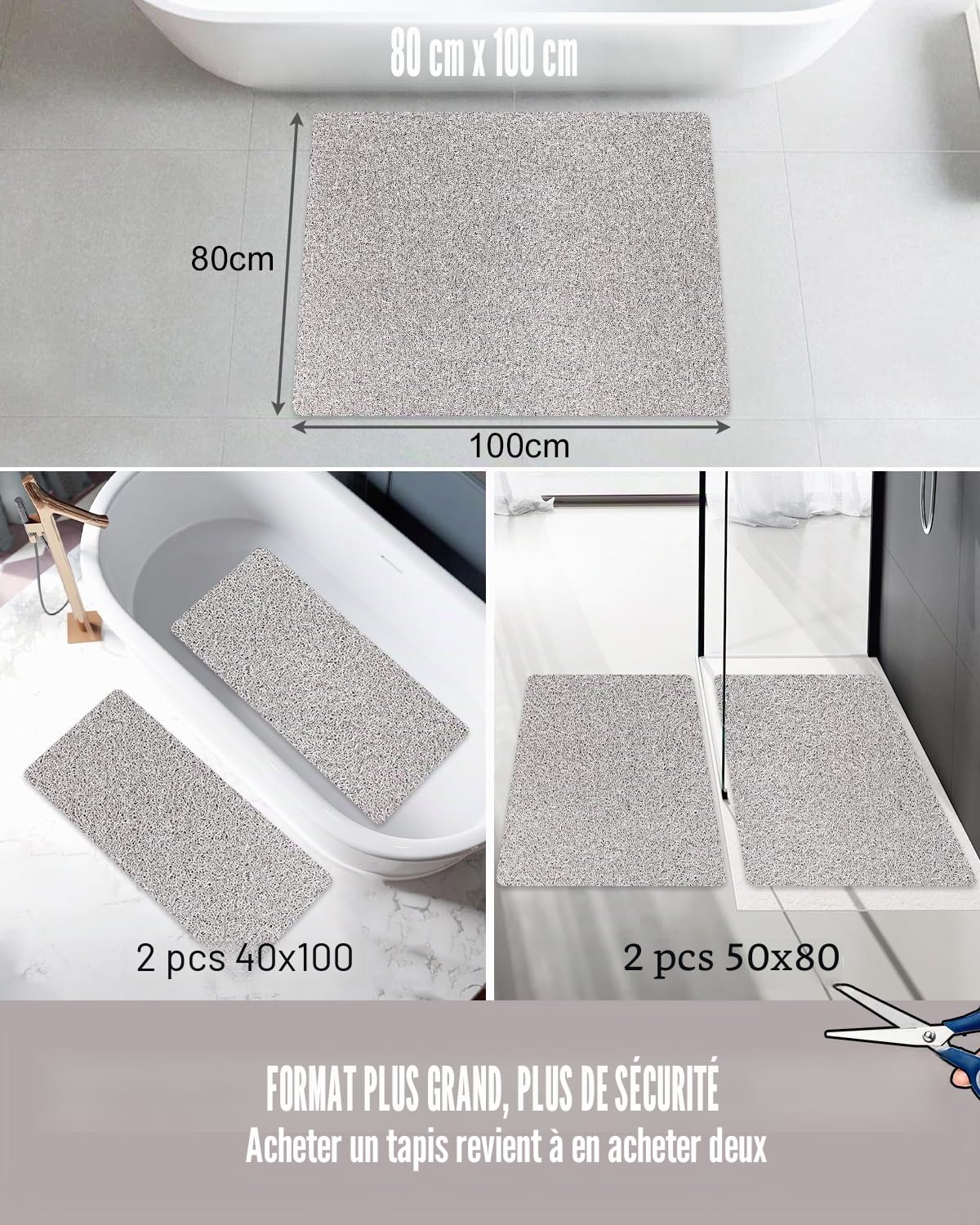 Tapis de douche antidérapant 80 x 100 cm – Tapis de bain de sécurité extra large avec trous de drainage, doux et confortable, en PVC Luffa Massage antidérapant pour douche, séchage rapide