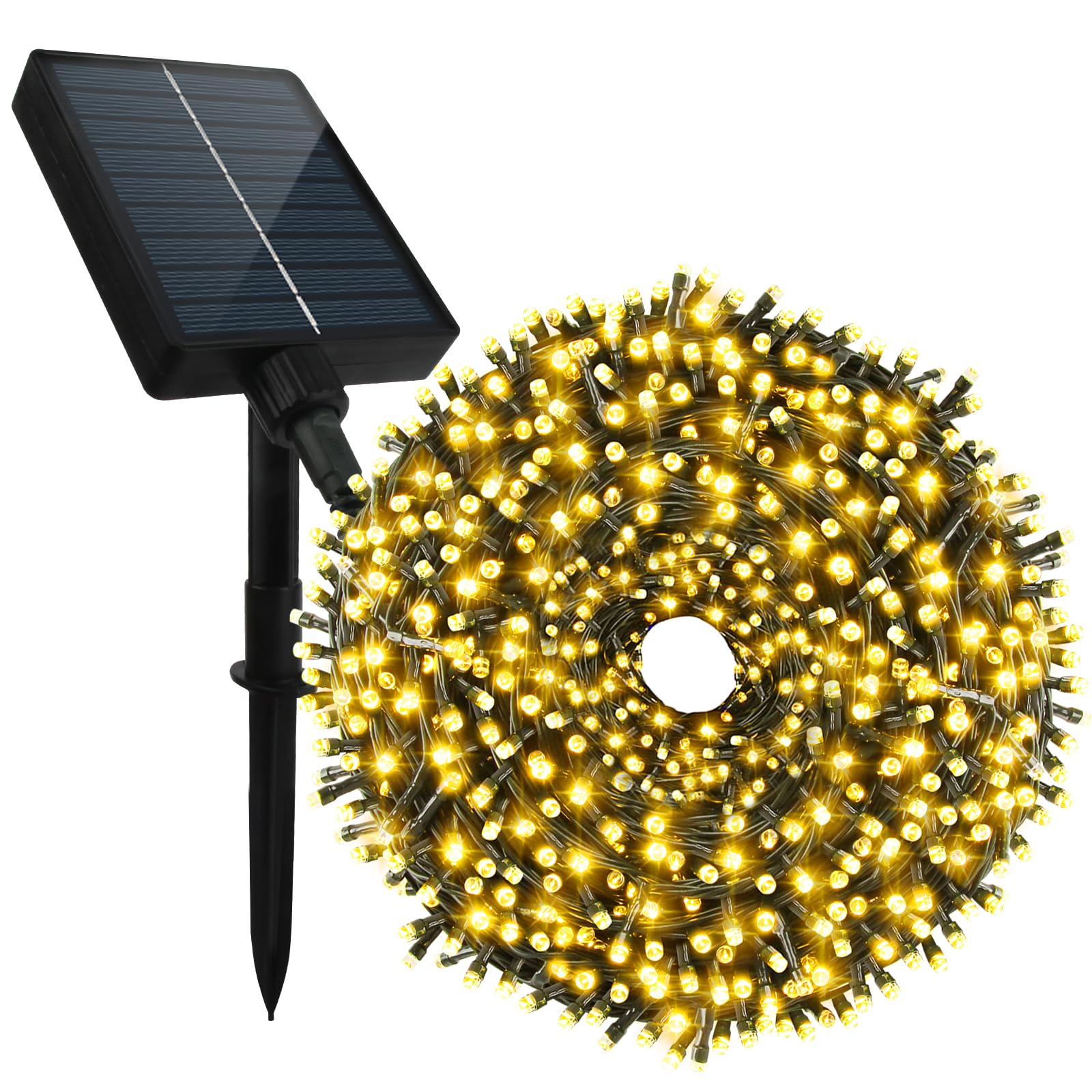 Tcamp - Luci solari per esterni, 500 LED, impermeabili, con telecomando, 8 modalità e timer funzioni, luci da crepuscolo a alba, sensore solare per giardino, patio, cortile, albero (bianco caldo)