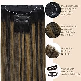 GOO GOO Wire Hair Extensions Human Hair, 1B/6/1B Natural Black with Chestnut Brown Balayage 12inch 100g, Invisible Wire Hair Extensions with Transparent, Seamless Fish Line Hairpiece