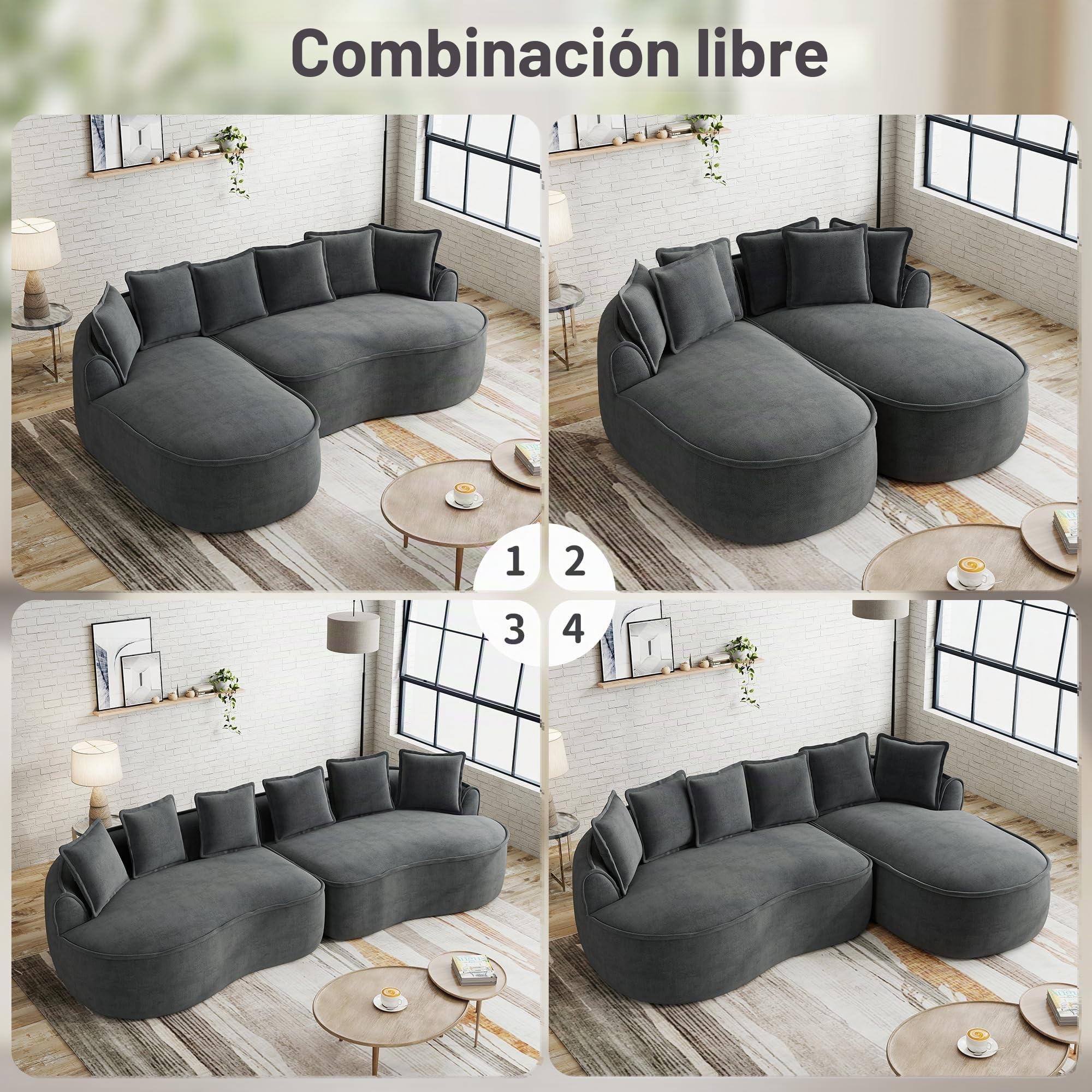 Bladez Frameless - Sofá modular de esquina en forma de L de chenilla, asiento extra profundo y chaise longue, sofá de suelo sin montaje, sofá curvo para salón (gris, 3 plazas