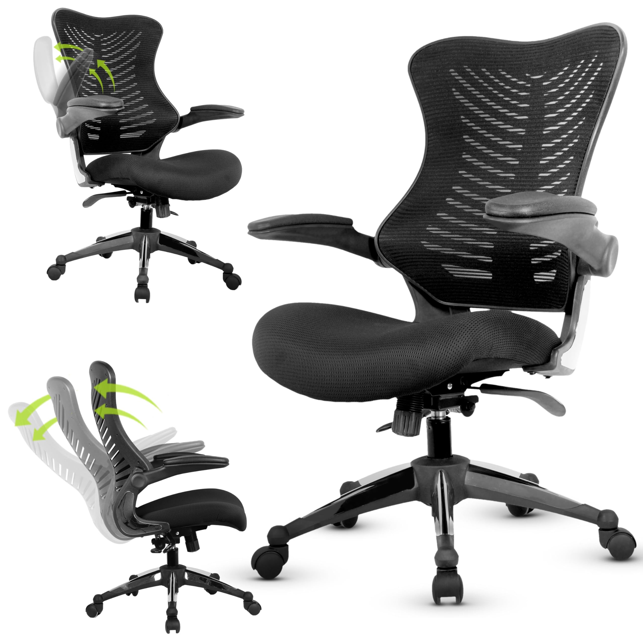 Officefactor Ergonomic Breathable Mesh Chair with Flip-up Armrests, Lumbar Support Executive Rolling Swivel Task Computer Office Chair or Home Desk