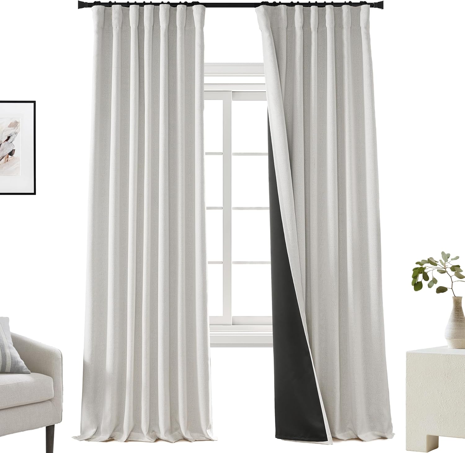 PANELSBURG 90 Inch Long Blackout Curtains 2 Panel Set,Pleated Faux Linen Back Tab