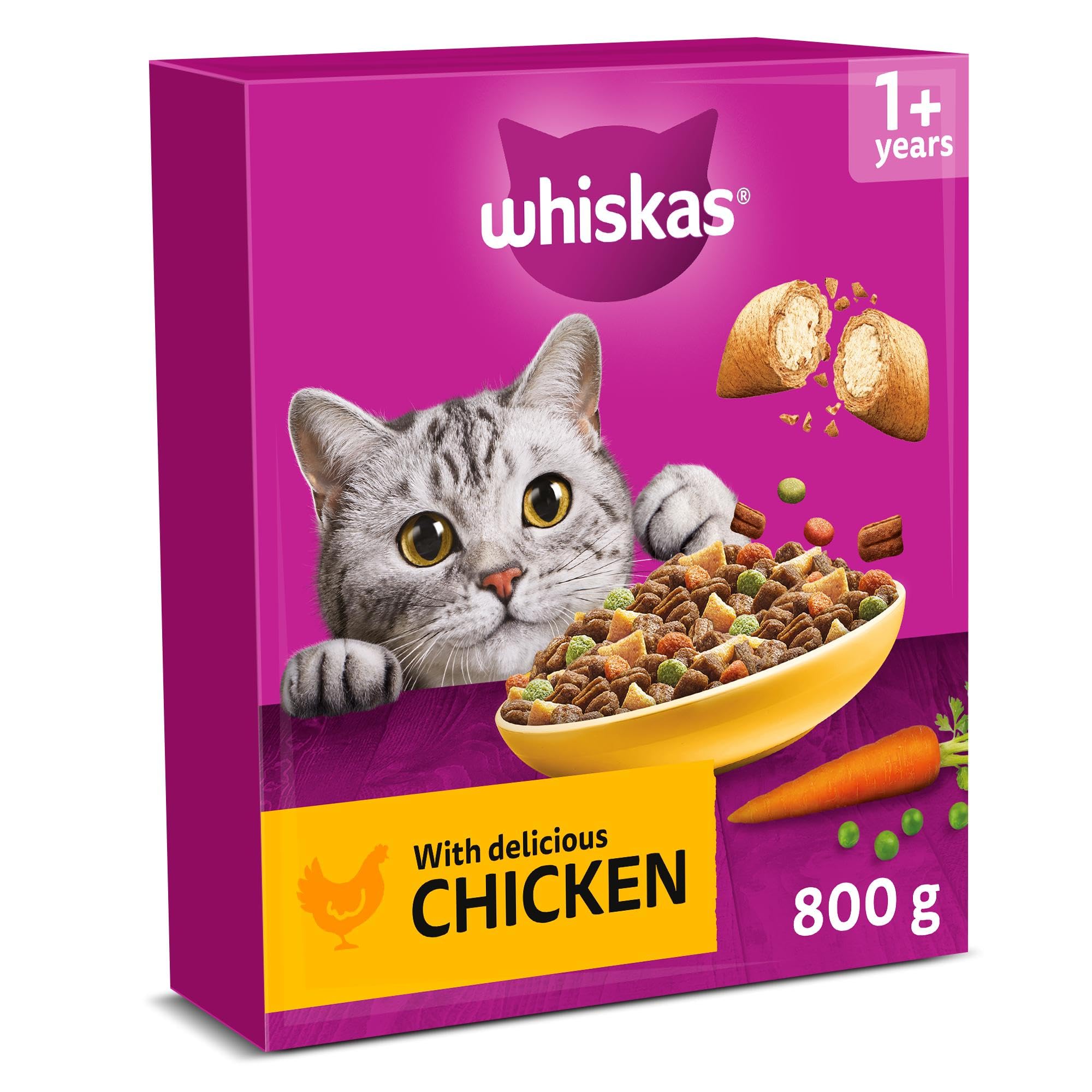 WHISKAS Adult Dry Cat Food 800g with Chicken (Pack of 5)