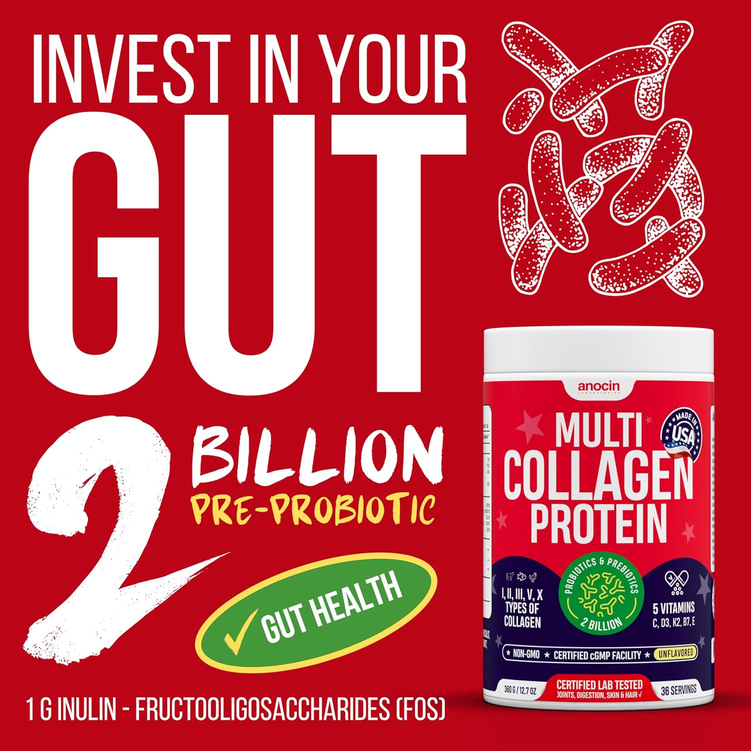 Multi Collagen Peptides w/Prebiotic + Probiotics + Type I, II, III, V, X + Hydrolyzed Collagen Powder w/Vitamin C+D3+B7+K2+E Hyaluronic Acid, Supports Skin Hair Nail Joint, Grass-Fed, Non-GMO - Image 4