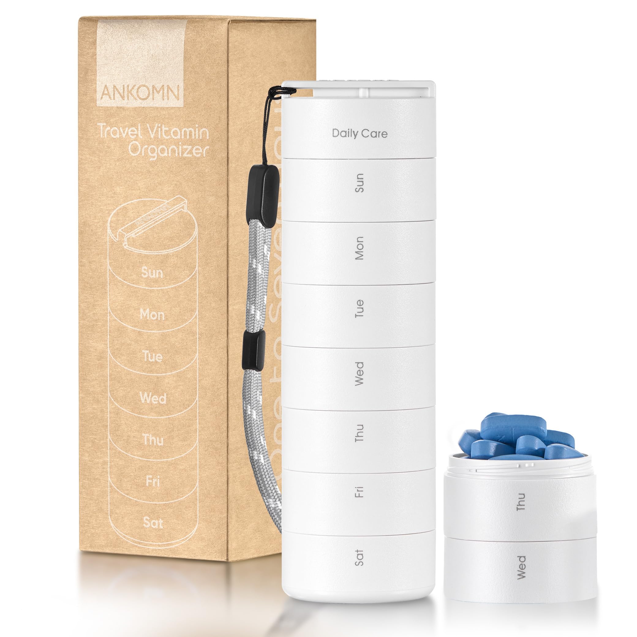 Ankomn 7 Day Travel Pill Organizer - IPX7 Rating Waterproof, Airtight & Portable Pill Case for Vitamins - Durable Weekly Supplement Case with