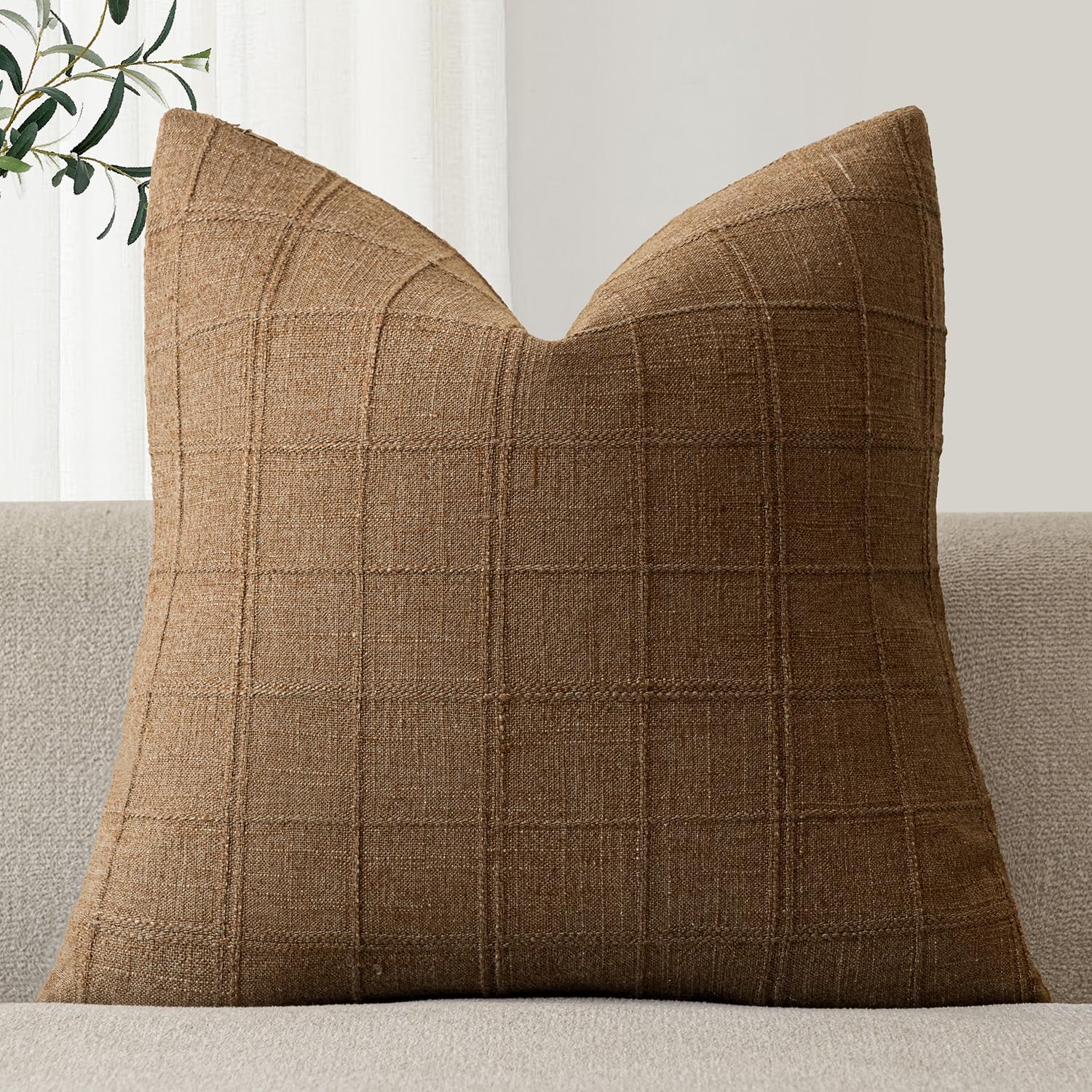 Foindtower Set of 1 Decorative Linen Check Throw Pillow Cover Neutral Farmhouse Vintage Cushion Cover Modern Boho Home Decor for Sofa Chair Couch Bedroom Living Room,20×20 Inch,Brown Hazel