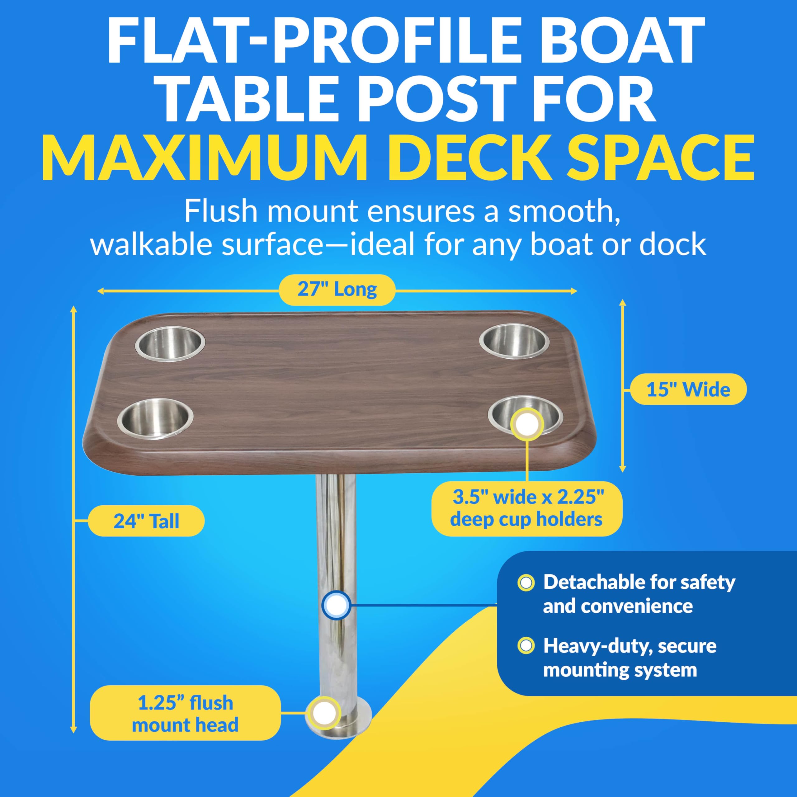 Detachable Flat Profile Boat Table Mount - Durable Stainless Steel Flush Pole MountingSystem for Pontoon Tables - Chrome-Plated Post with Versatile Threaded Insert for SecureFloor Anchoring