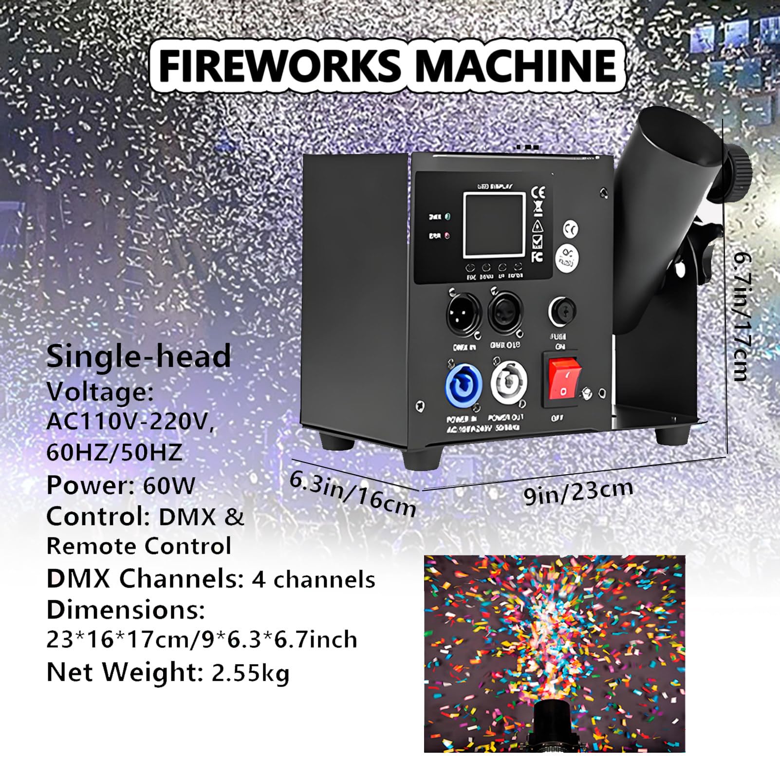 Elektrische Konfettikanone mit DMX/Fernbedienung, Professionelle Konfettiwerfer, Elektrischer Konfettiblaster, 25 Konfetti Shooter 80cm für Hochzeits-Disko-Show-Club-Bühnenparty 1shot-25pcs