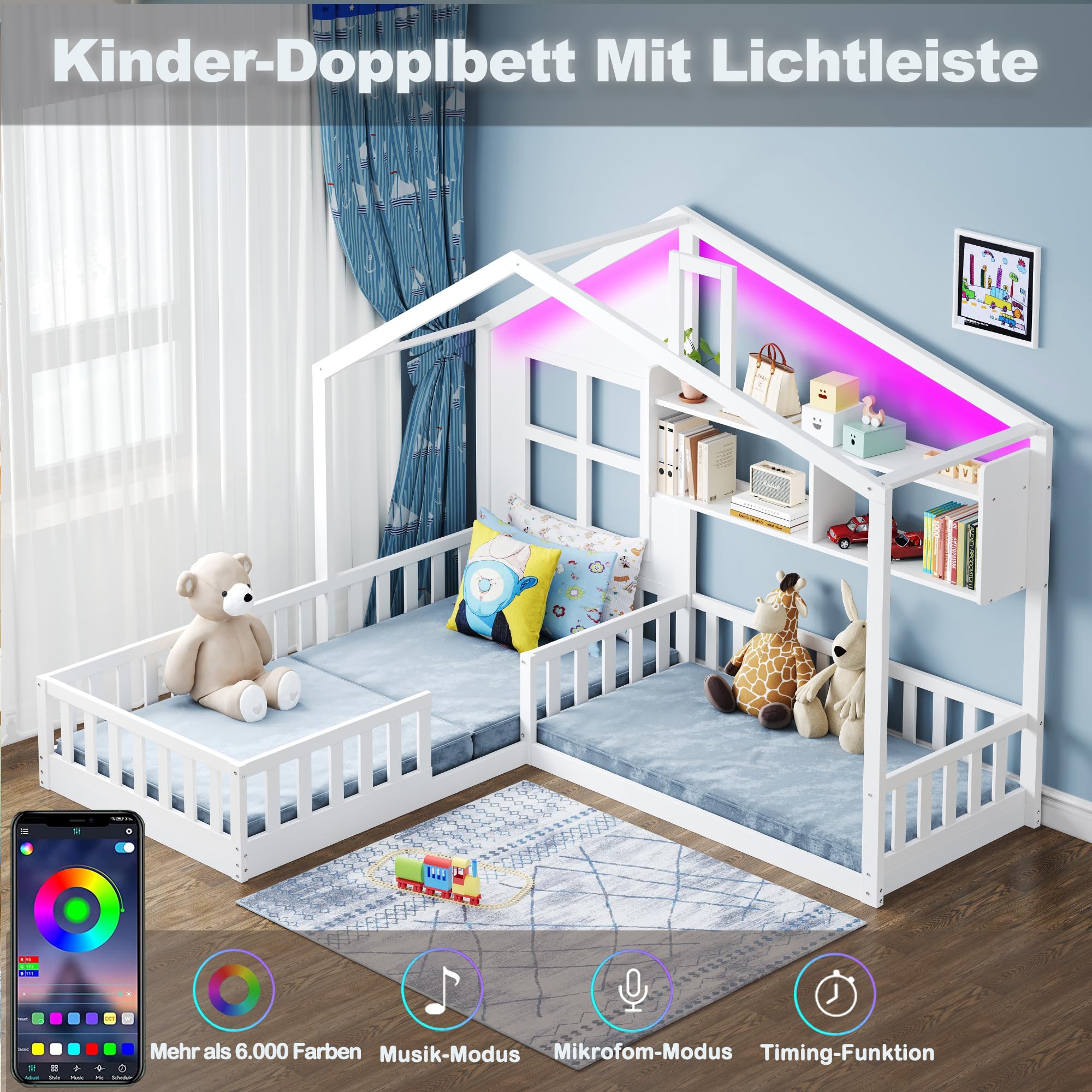 Cama de suelo para cuna, 90 x 200 cm y 140 x 70 cm, función atmosférica, barandillas de seguridad y estantes, madera + MDF, completo con somier para habitación infantil, color blanco