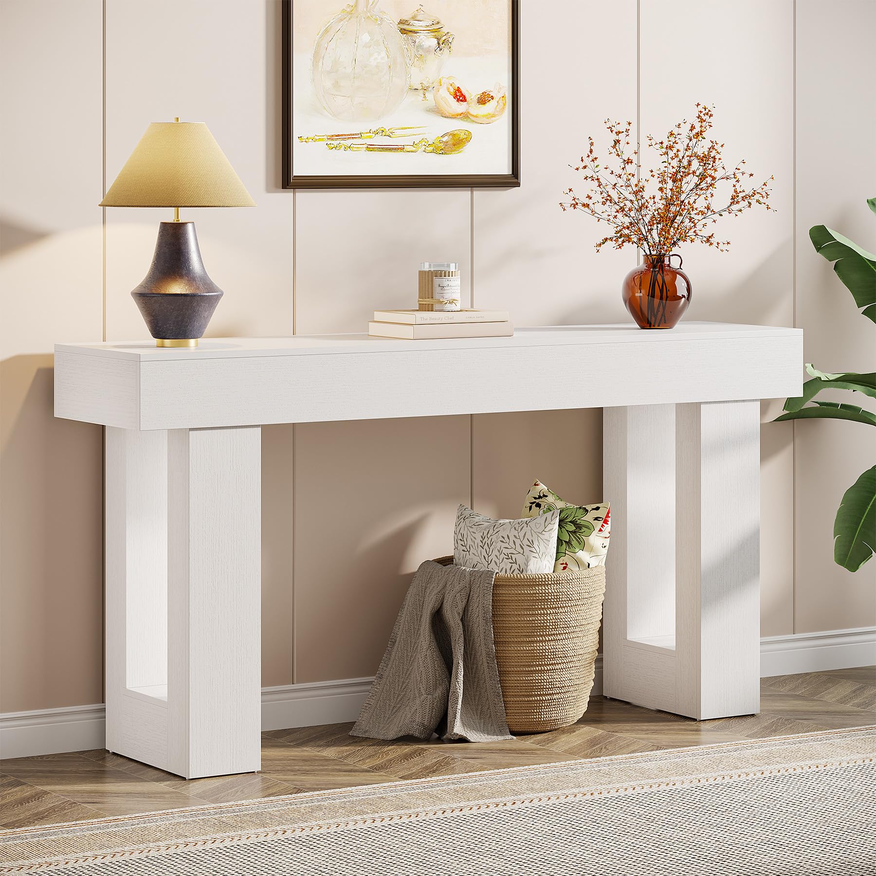 tribesigns 63-inch long console table, wooden rectangular sofa table behind the couch, farmhouse entryway table for entrance, hallway, living room (white)