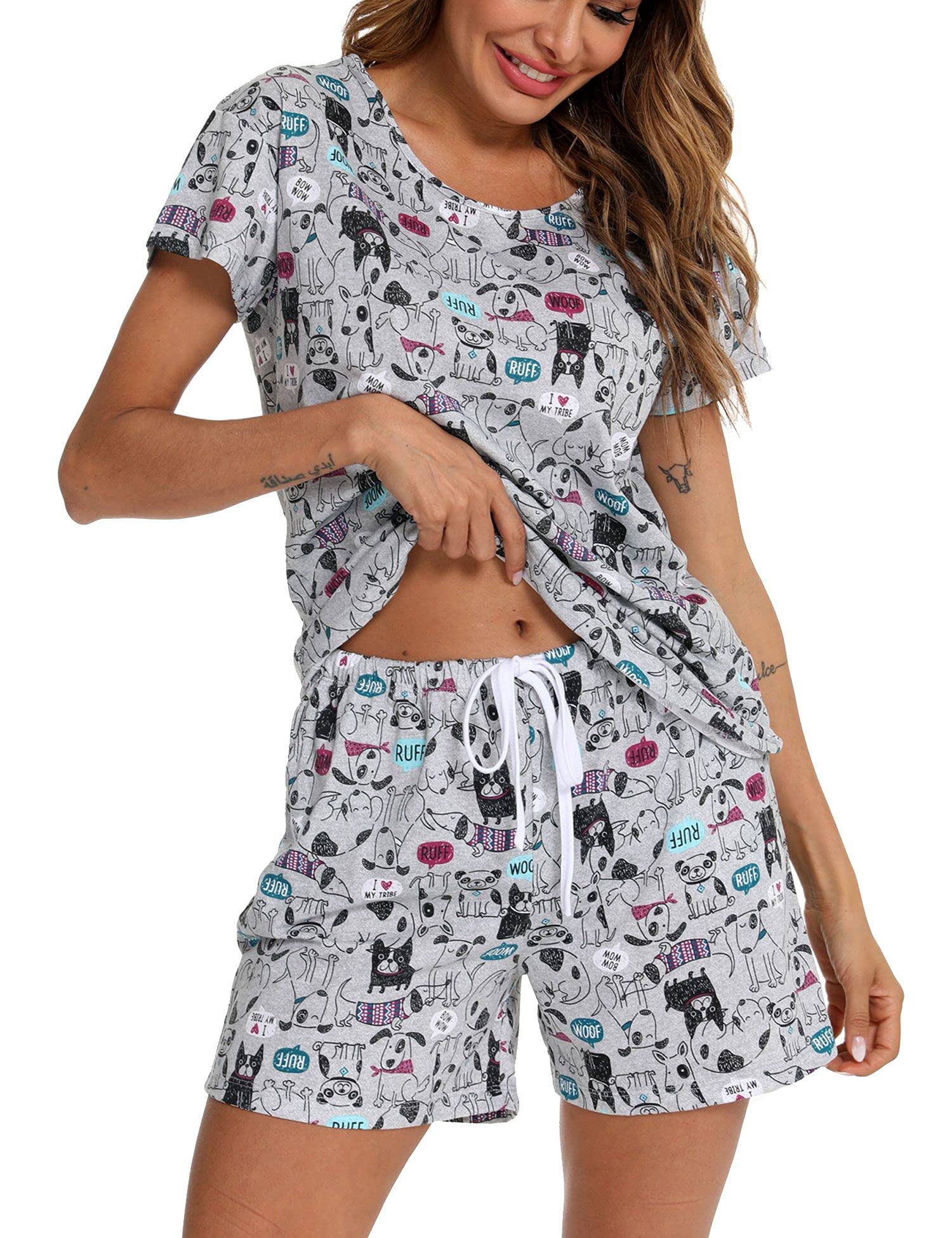 ENJOYNIGHT Womens Pajama Shorts Sets Cotton Pjs Summer Cute Sleepwear with Pockets