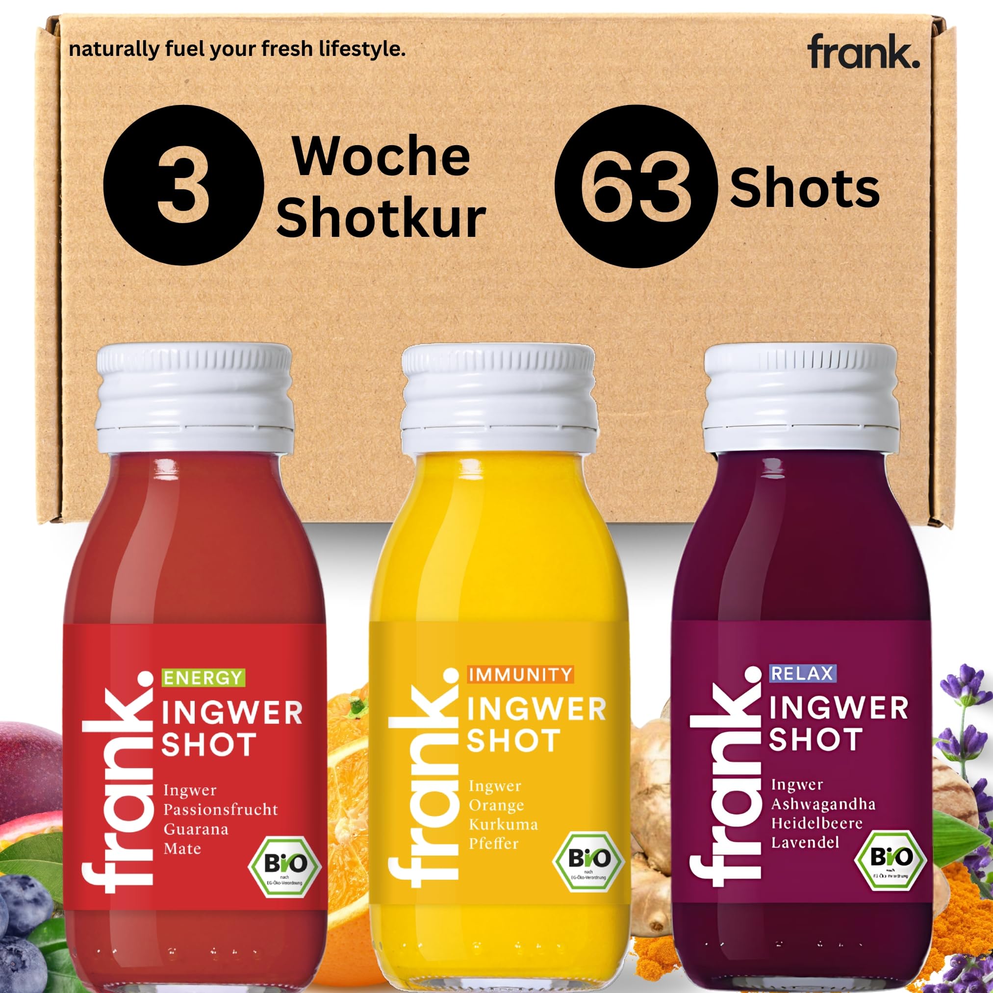 FRANK SHOTKUR - 56 x 60ml - 3 Wochen, Bio Ingwer-Shots mit verschiedenen Ingwer-Gehalten, innovative Mischungen, Vegan, Nachhaltig im Glas, Ohne Konservierungsstoffe