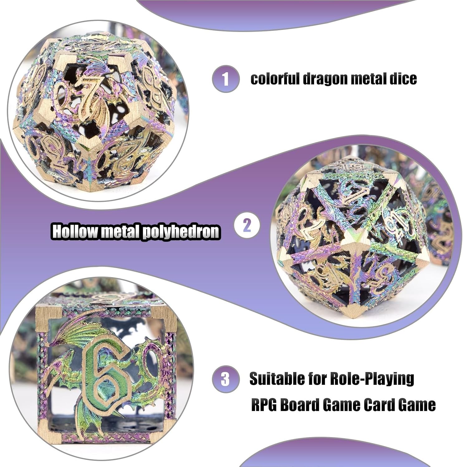 7-Piece Set of Colorful Dragon Metal Dice, Hollow Polyhedron, Compatible with Role-Playing RPG Board Game Card Game