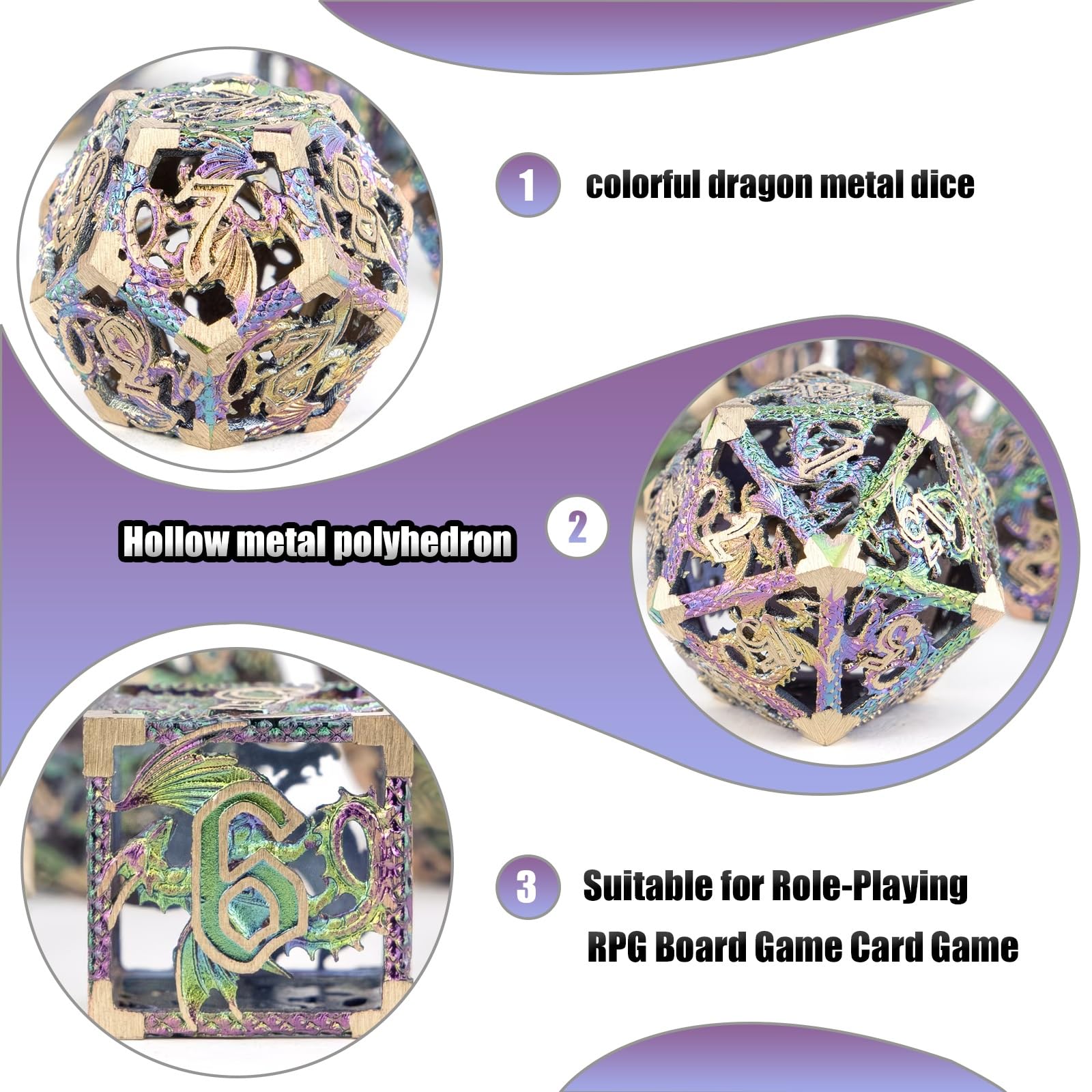 Ensemble de 7 Dés en Métal Colorés en Forme de Dragon, Polyèdres Creux, Compatibles avec Les Jeux de Rôle, Les Jeux de Plateau et Les Jeux de Cartes