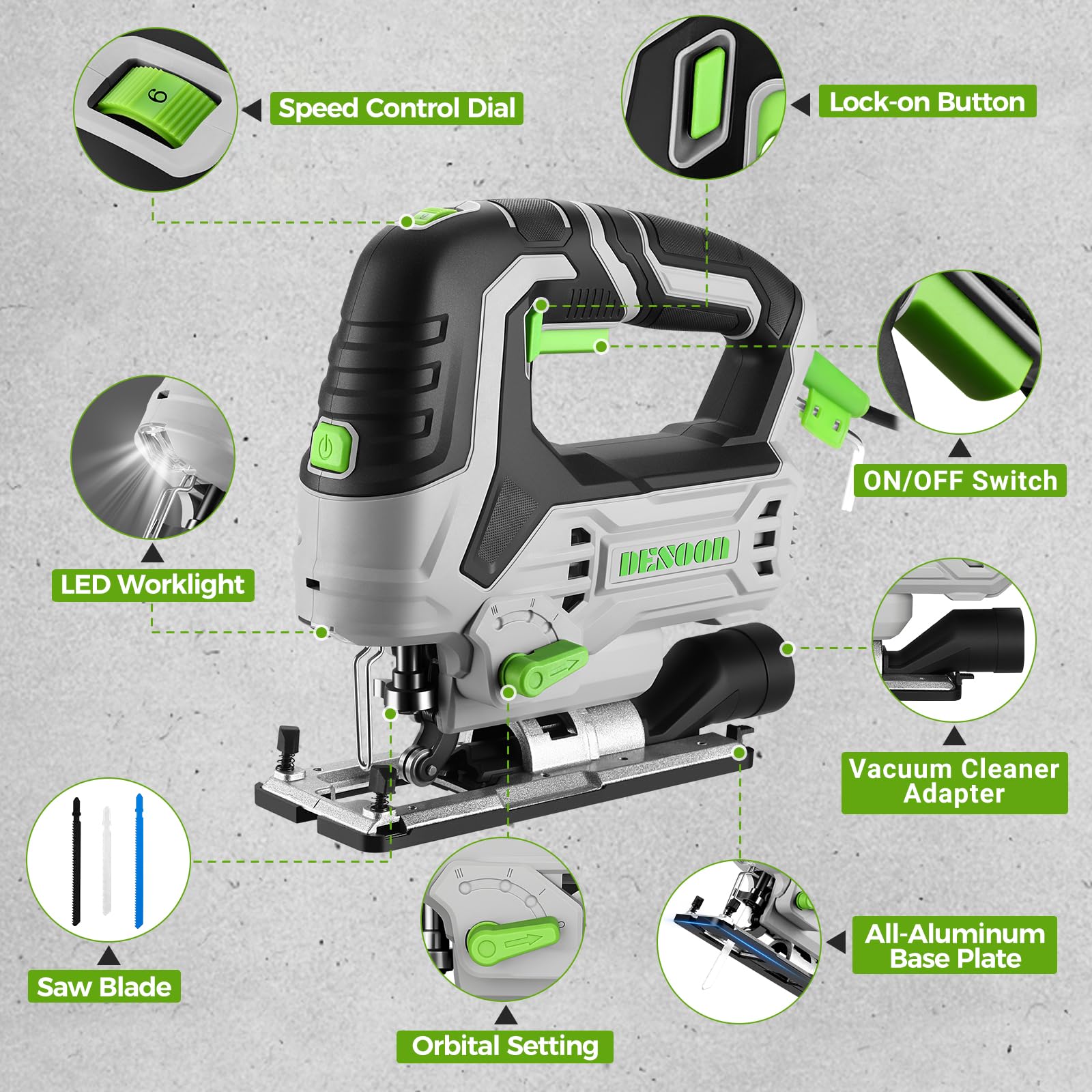 DESOON Sega alternativa da 800 W, Sega per legno con luce LED e laser, velocità variabile da 800 a 3000 SPM, taglio inclinabile ±45°, include 10 lame per sega per tagliare metallo, legno e plastica