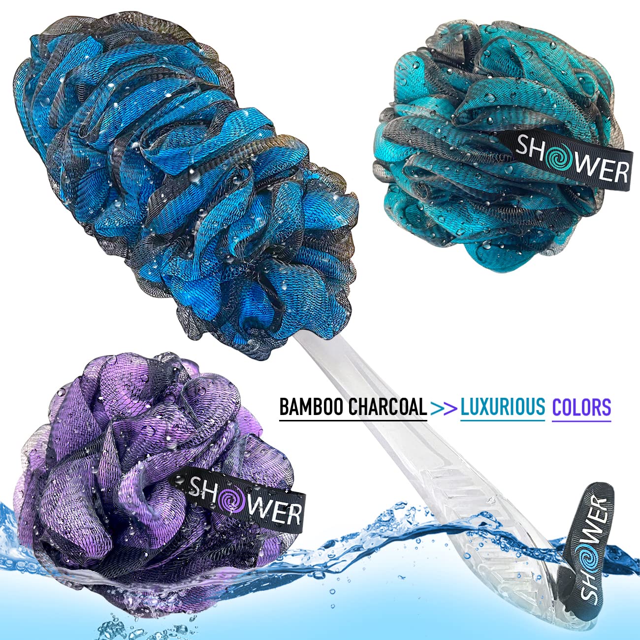 SHOWER BOUQUET Loofah-Charcoal Back - Juego de esponjas de baño y esponja de baño // 1 cepillo trasero de mango largo más 2 pufs extragrandes de malla suave de 75 g, para hombres y mujeres, exfolia