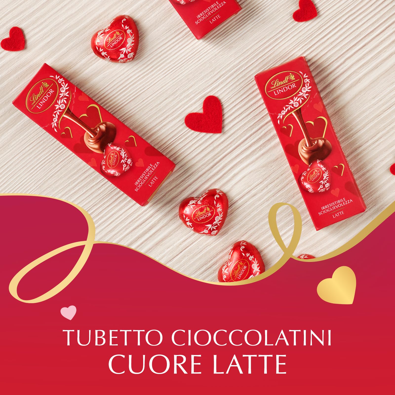 Lindt LINDOR Tubino Cuori, Confezione di Cuori LINDOR al Cioccolato al Latte, Formato 41g