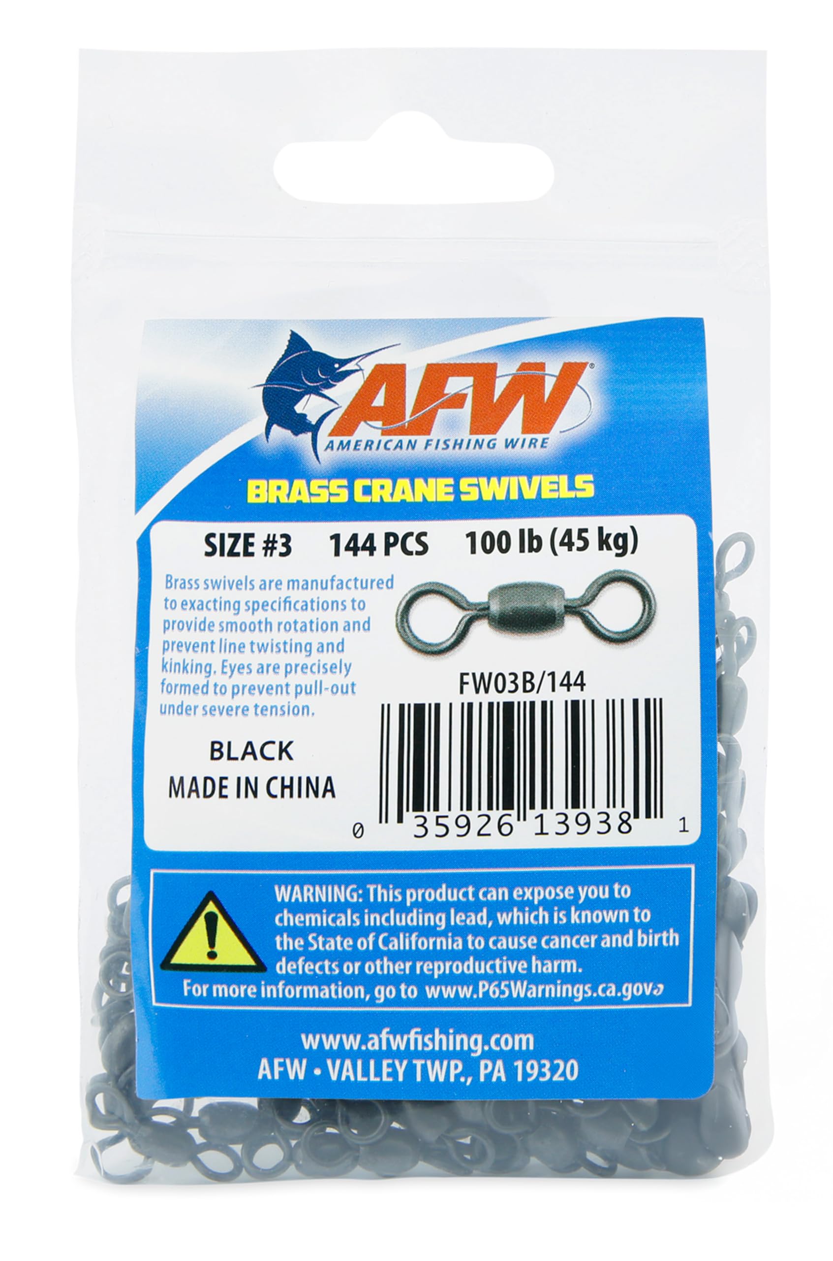 AFW Brass Crane Swivels, Size #3, 100 lb Test, Black, 144 pc