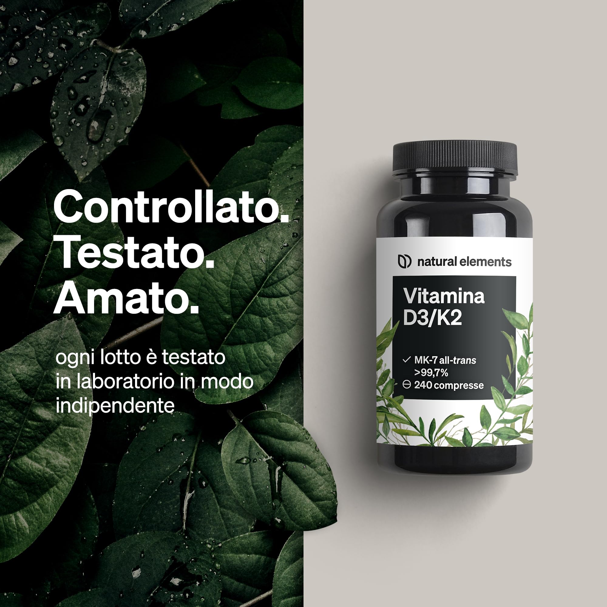 Vitamina D3 + K2 – MK-7 all-trans >99,7% e vitamina D3 2.000 U.I. – 240 compresse – ad alto dosaggio, elevata biodisponibilità – senza additivi inutili