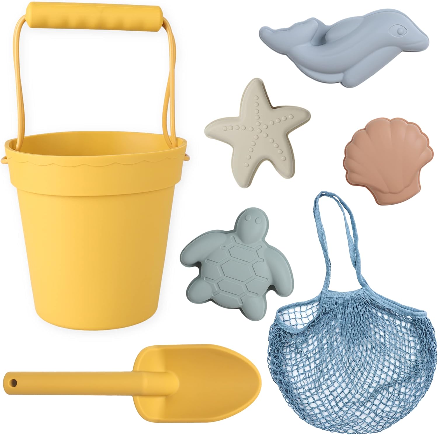 BLUE GINKGO Silicone Beach Toys – Modern Baby | Travel Friendly Toys Set | Silicone Bucket, Shovel, 4 Sand Molds, Beach Bag | Sand Toys for Toddlers, Kids – Yellow