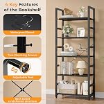 Sweetcrispy 5 Tier Bookshelf, Tall Bookcase Storage Shelf with Metal Frame and Wood Shelves, Modern Display Rack for Home Office, Bedroom, Living Room, Black