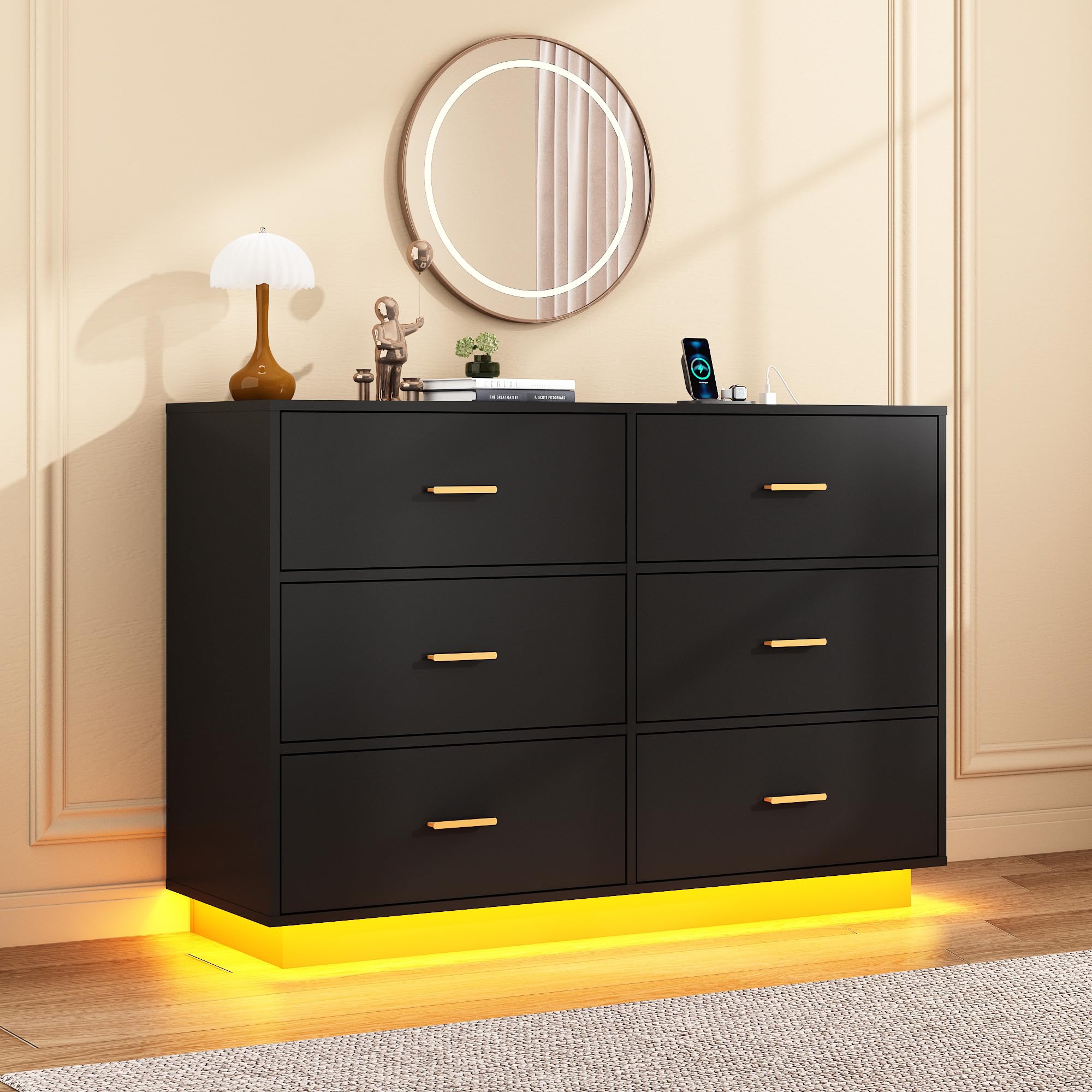 chartustriable Black 6 Drawers Dresser w/Power Outlet,60000-Colors Lights for Kids Bedroom,Modern 47In Long Dresser for Closet,Wooden Tall Dressers w/