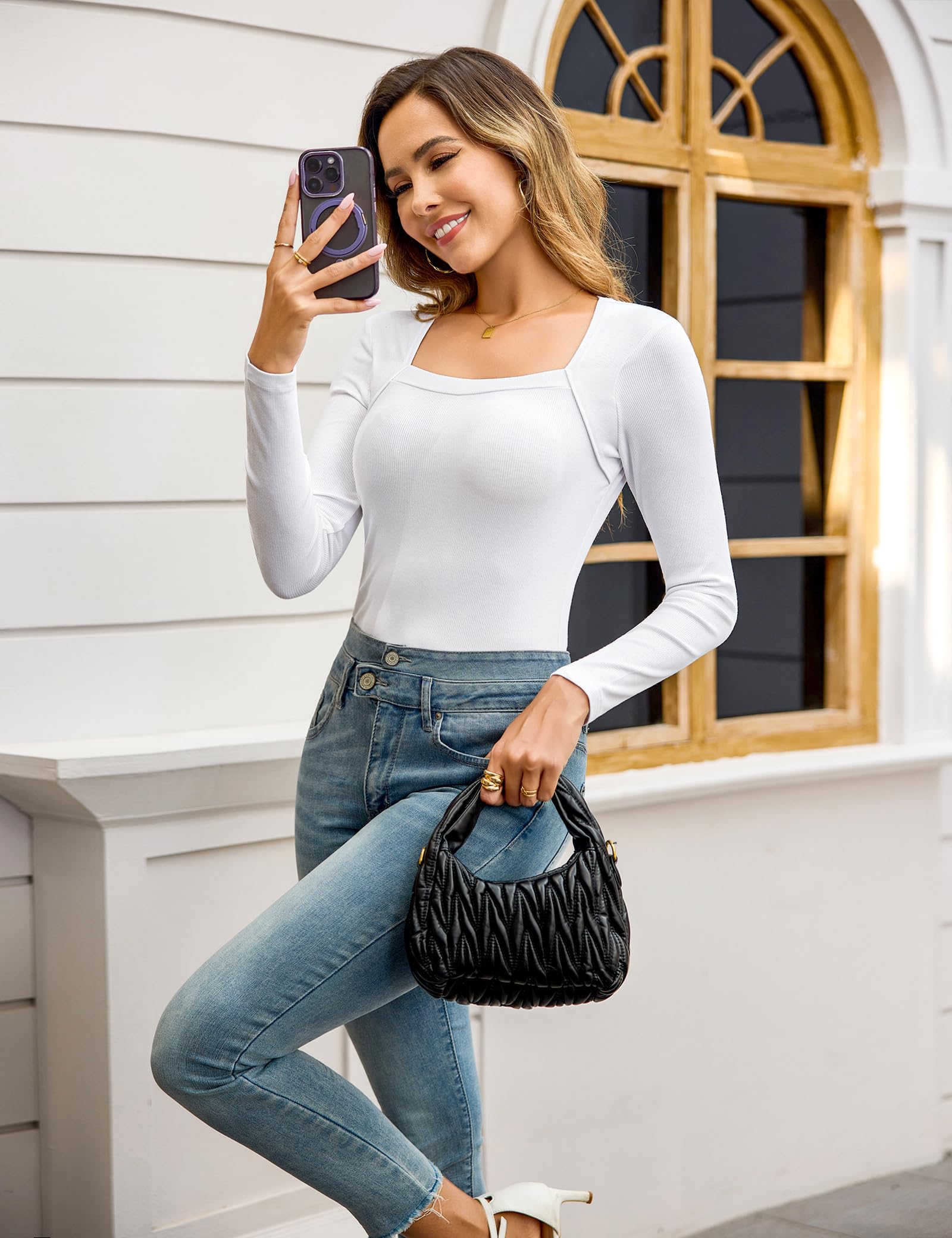 Aottori Maglie Donna Maniche Lunghe Scollo Quadrato Cotone Maglietta Elasticizzato Coste Tee Shirt Elegante T Shirt Slim Fit Sottogiacca Basic Top Leggera Casual
