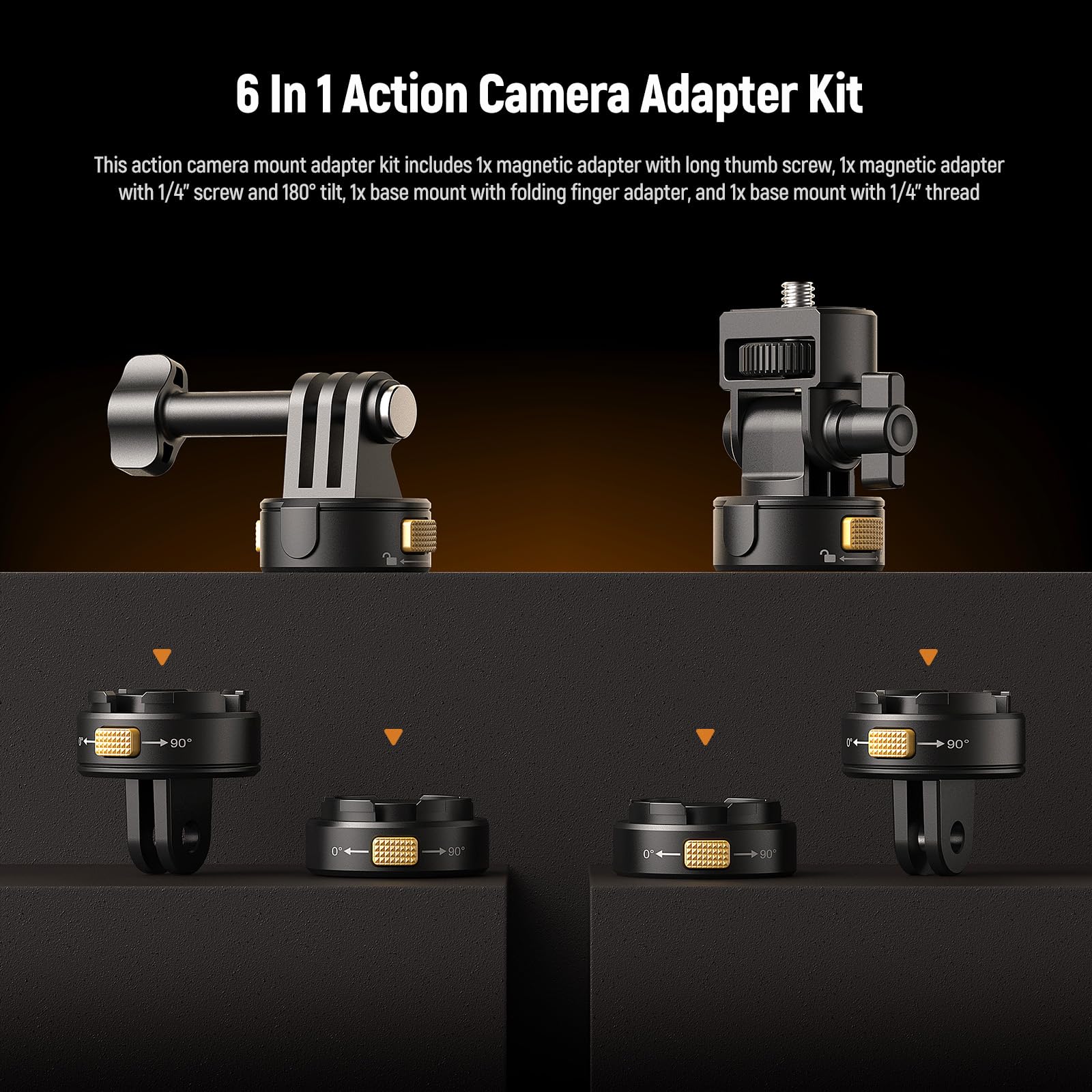 Neewer Kit de montage de caméra 6 en 1,compatible avec Hero13 12 11 Max DJI Osmo Action Insta360,support magnétique à dégagement en métal avec filetage1/4"/doigts pliables pour prises de vue POV,GP-23
