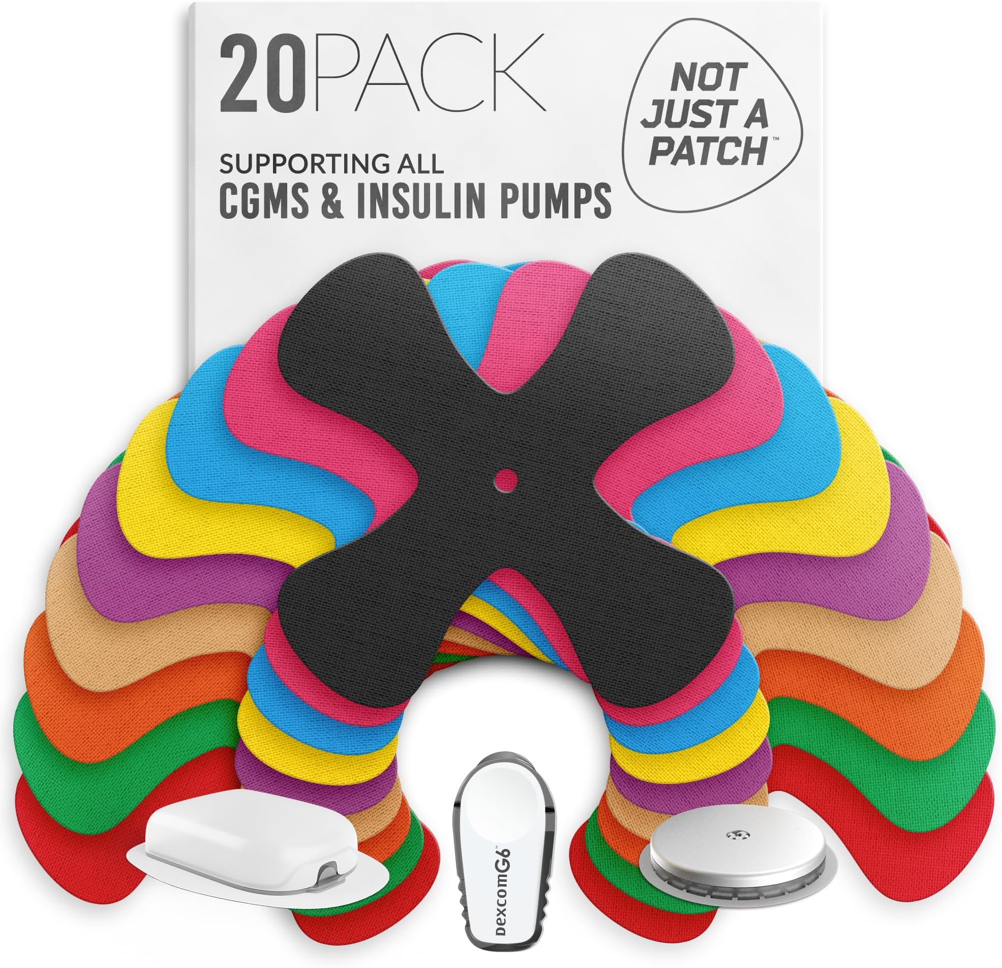 X-Patch CGM Sensor Patches (20 Pack) - Water Resistant Omnipod 5 Adhesive Patches - Durable for Active Lifestyle for 10-14 Days - Compatible with Dexcom G6, Libre 2 in Multi-Color