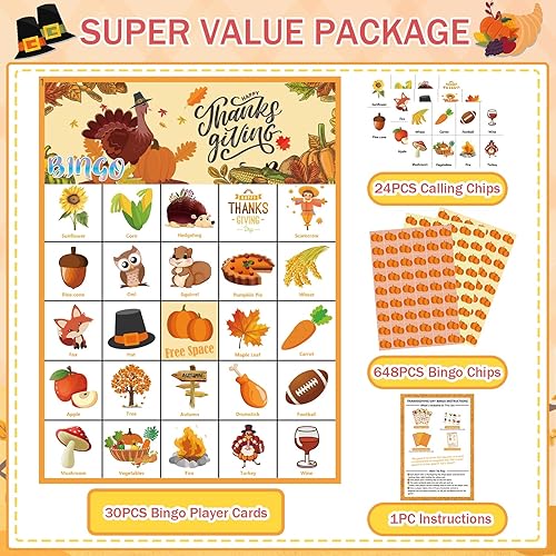 Miniatura 2 de 46 tarjetas de juego de bingo de Acción de Gracias para 30 jugadores, juegos de fiesta del día de Acción de Gracias, bingo de otoño para niños,