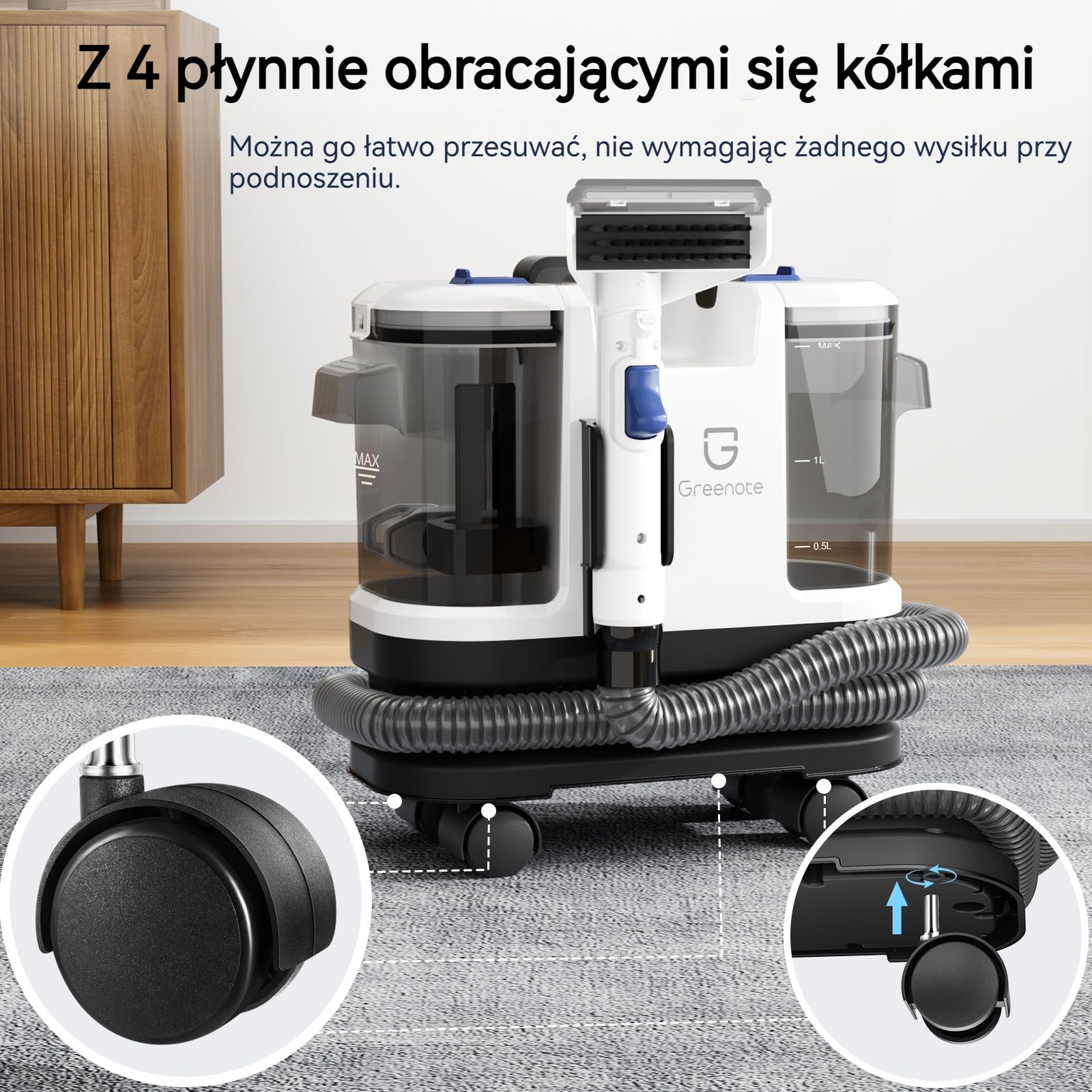 Greenote Odkurzacz Piorący 600W, 4 obrotowe kółka dla łatwości manewrowania, Kompaktowe przechowywanie, Samoczyszczący wąż, Mocne ssanie, Zbiorniki 1,8L/0,8L, Wąż 1,5m i przewód 5m