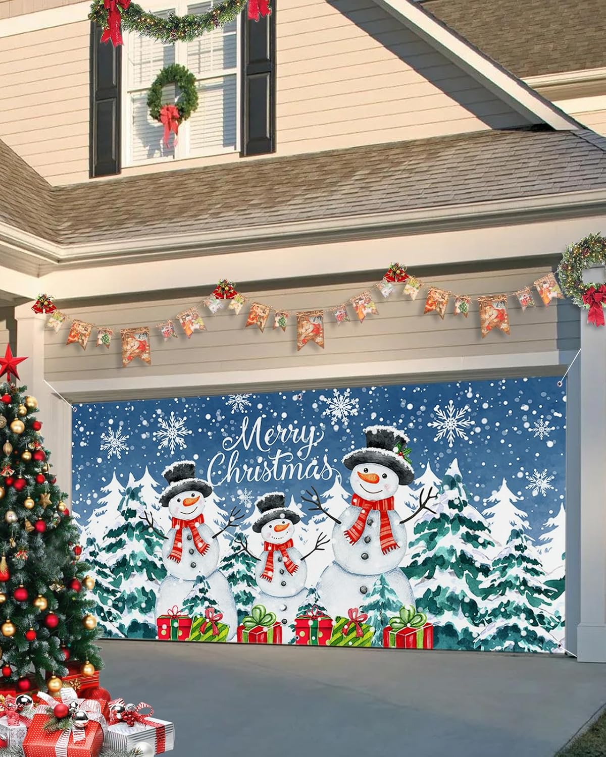 Christmas Garage Door Banner Cover 7 x 8 ft, Merry Christmas Xmas Tree Snowman Winter Snow Blue Christmas Garage Door Decorations Holiday Christmas Backdrop Decor for Winter New Year Xmas Party